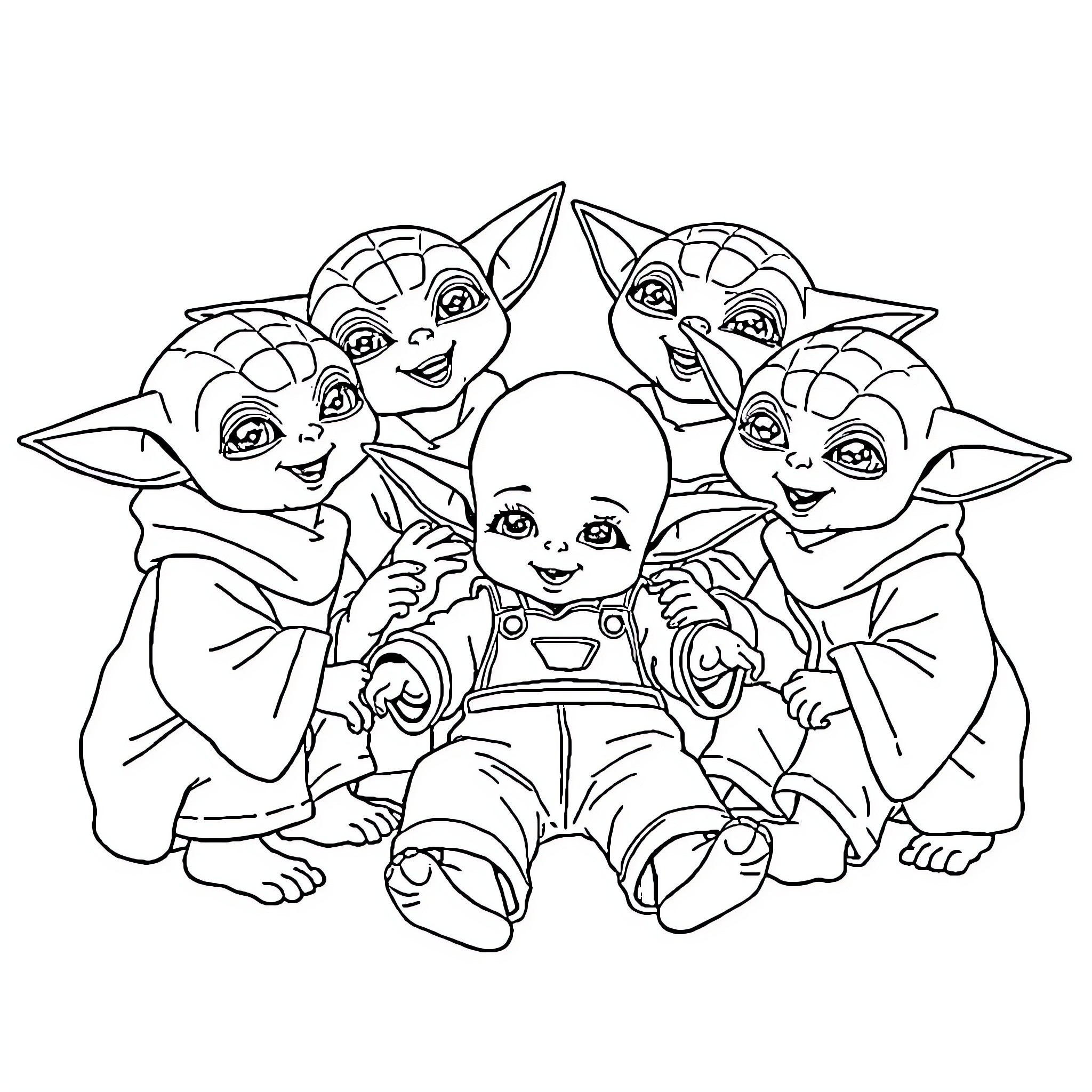 Baby Yoda and friends in playful poses Coloring Page (free black-and-white line drawing printable PDF for all, from beginners to advanced learners, including children, teens, adults, and seniors)