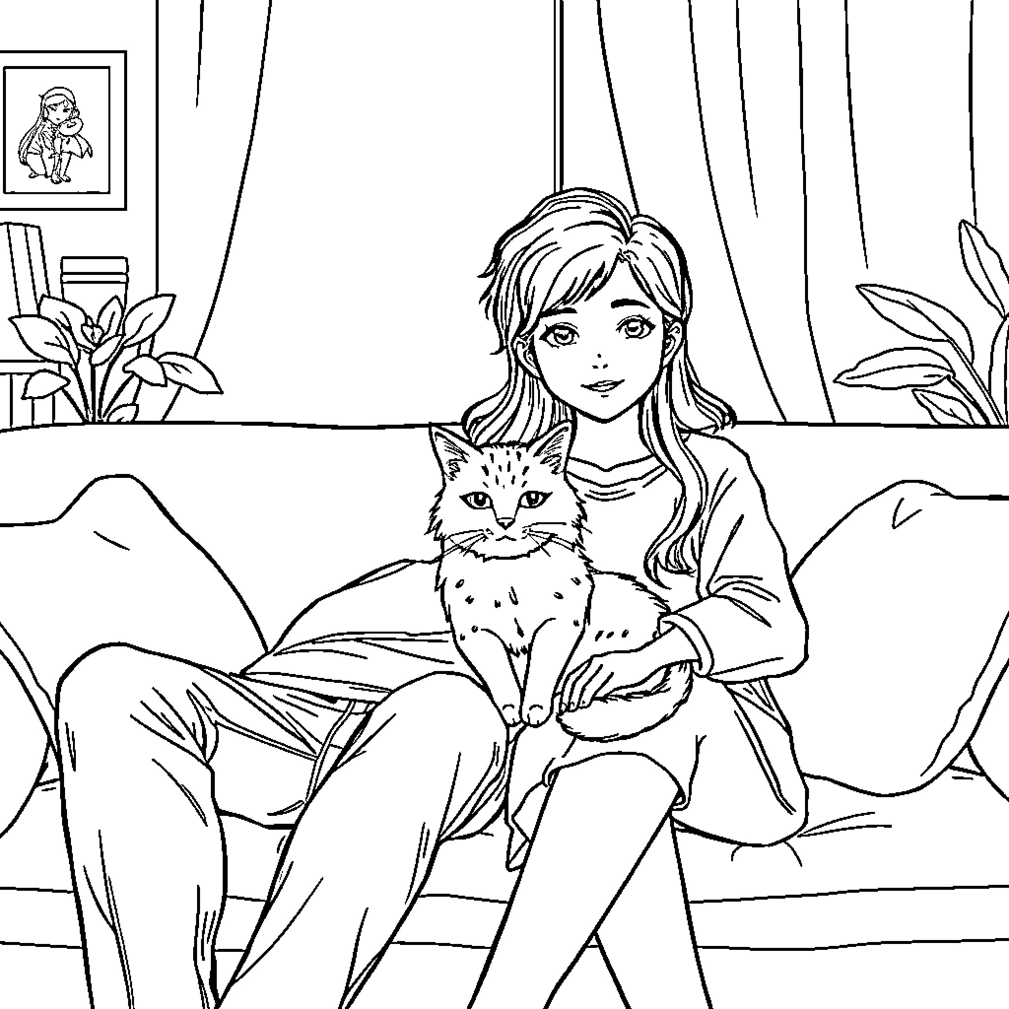 Cat keeping a young girl company in the room Coloring Page (free black-and-white line drawing printable PDF for all, from beginners to advanced learners, including children, teens, adults, and seniors)