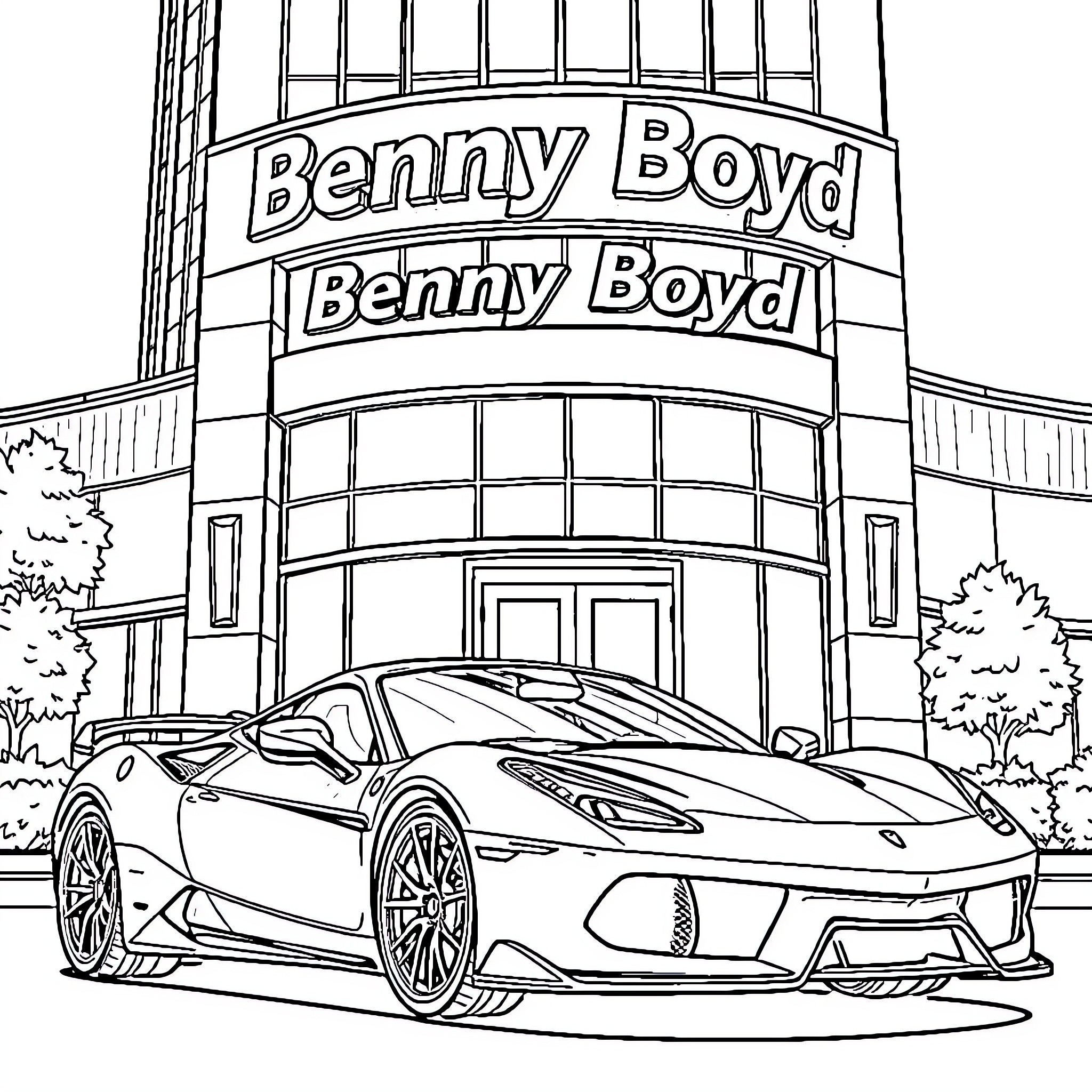 Sports Car in Front of Benny Boyd Building Coloring Page (free black-and-white line drawing printable PDF for all, from beginners to advanced learners, including children, teens, adults, and seniors)