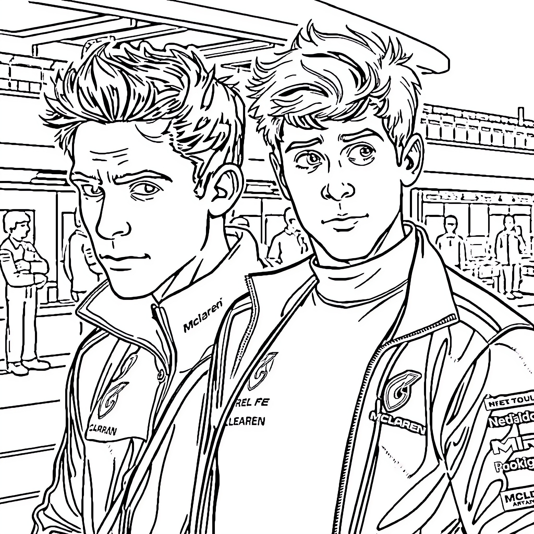 Charles Leclerc and teammate in racing team attire Coloring Page (free black-and-white line drawing printable PDF for all, from beginners to advanced learners, including children, teens, adults, and seniors)