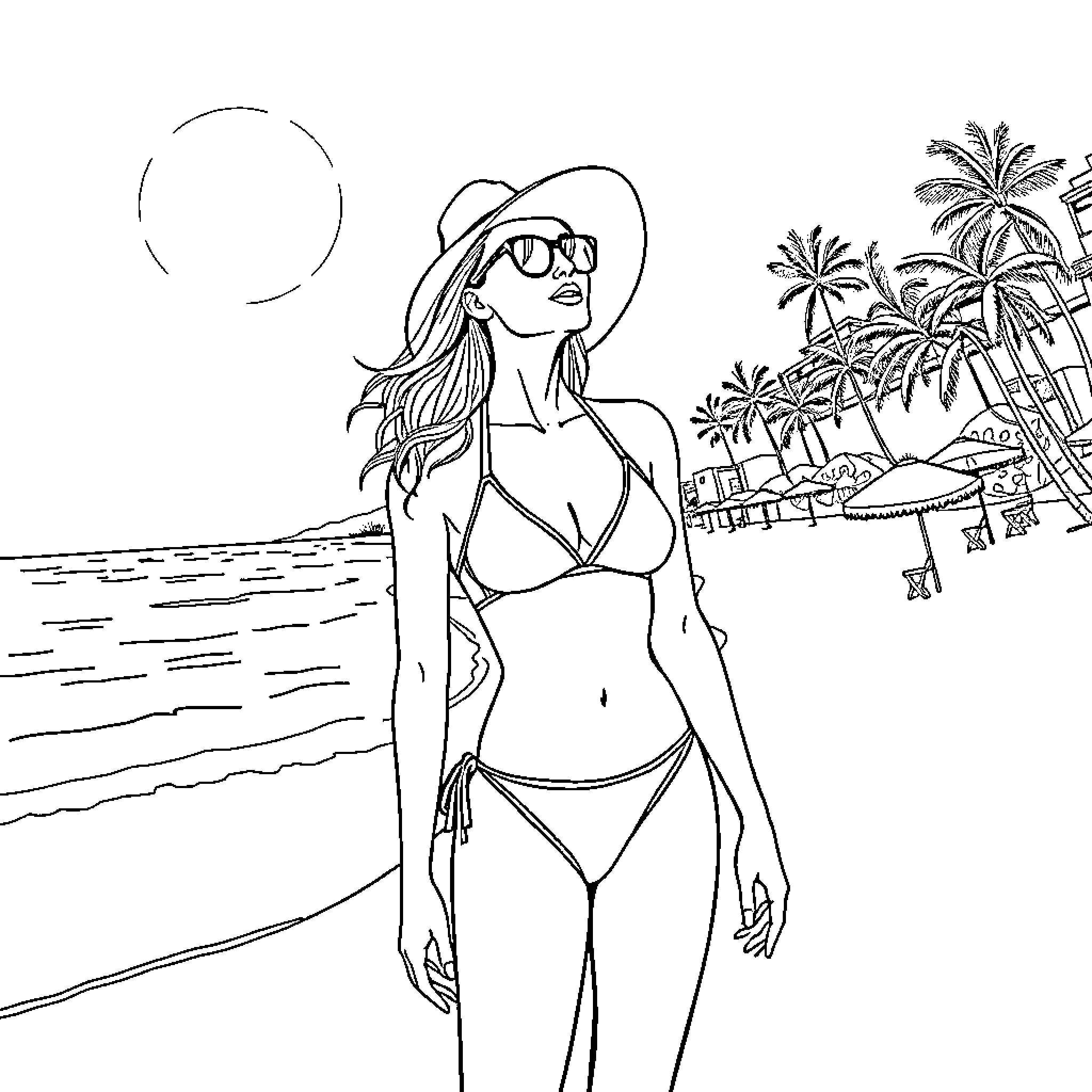 Lady enjoying a sunny beach day in her swimsuit Coloring Page (free black-and-white line drawing printable PDF for all, from beginners to advanced learners, including children, teens, adults, and seniors)