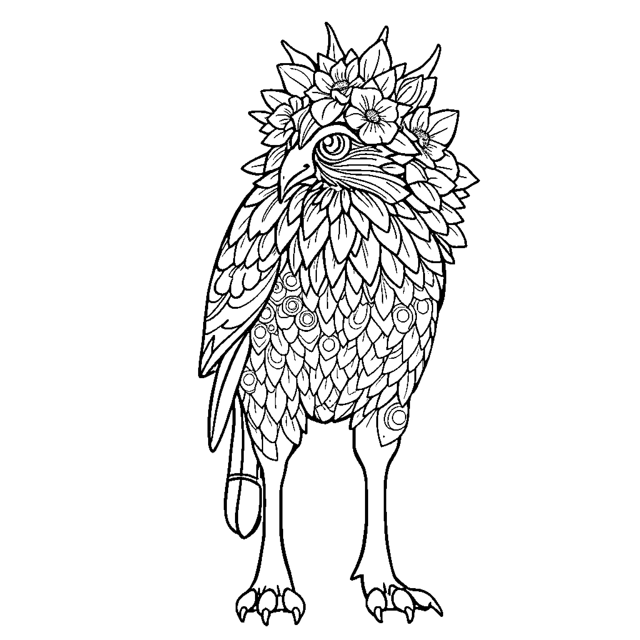 Princess Parrot adorned with Floral Headpiece Coloring Page (free black-and-white line drawing printable PDF for all, from beginners to advanced learners, including children, teens, adults, and seniors)