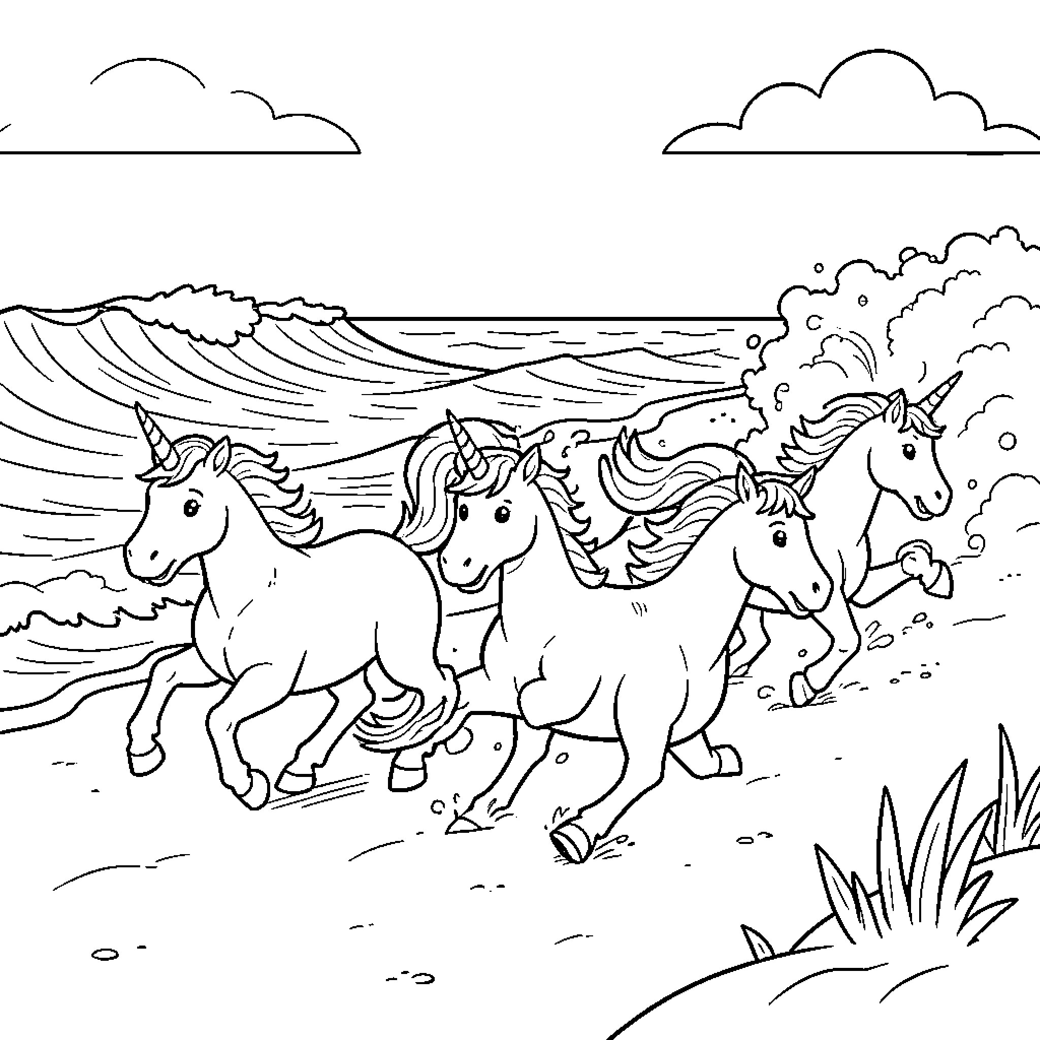 Unicorns galloping joyfully along the seashore waves Coloring Page (free black-and-white line drawing printable PDF for all, from beginners to advanced learners, including children, teens, adults, and seniors)