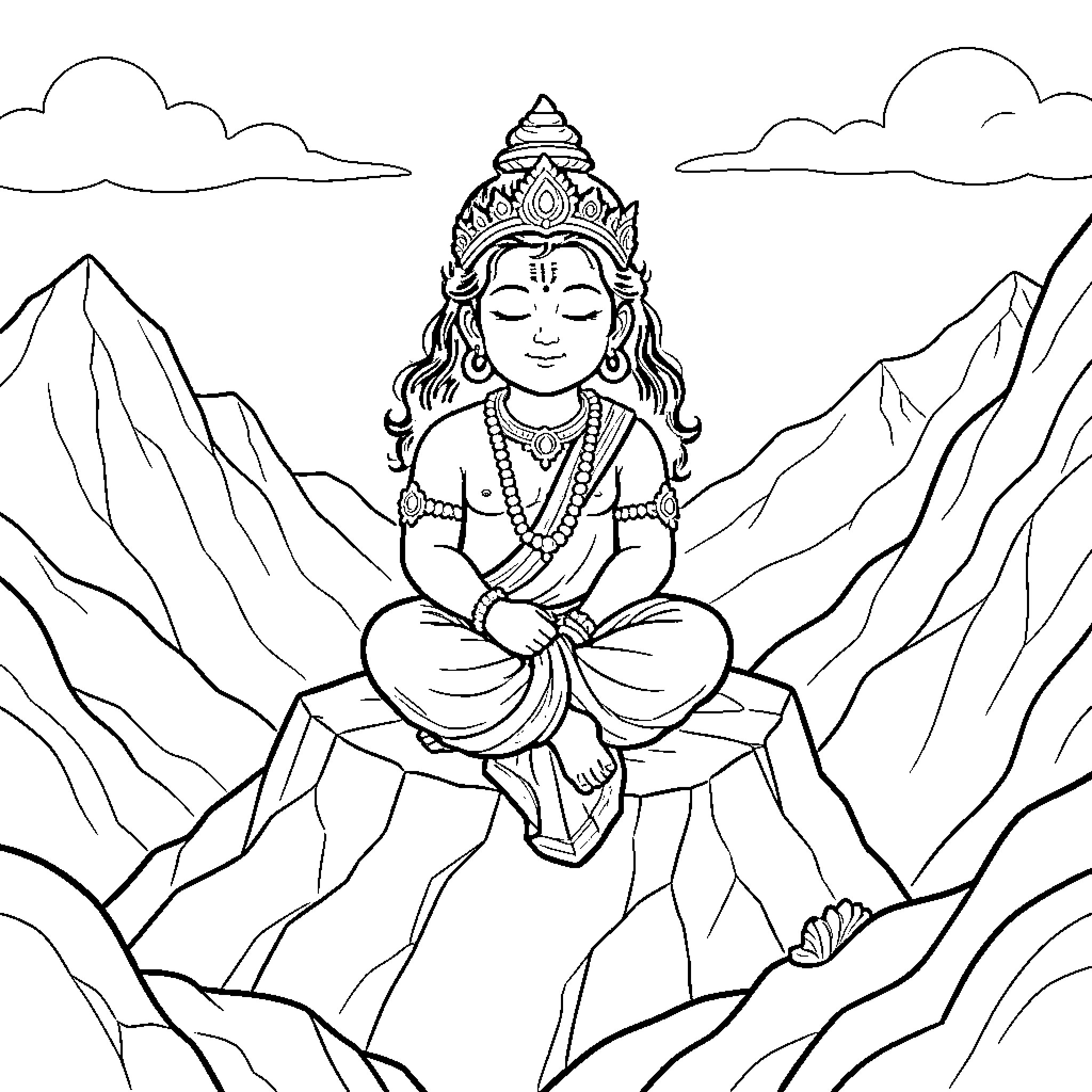 Shiva meditating peacefully on a mountain peak Coloring Page (free black-and-white line drawing printable PDF for all, from beginners to advanced learners, including children, teens, adults, and seniors)