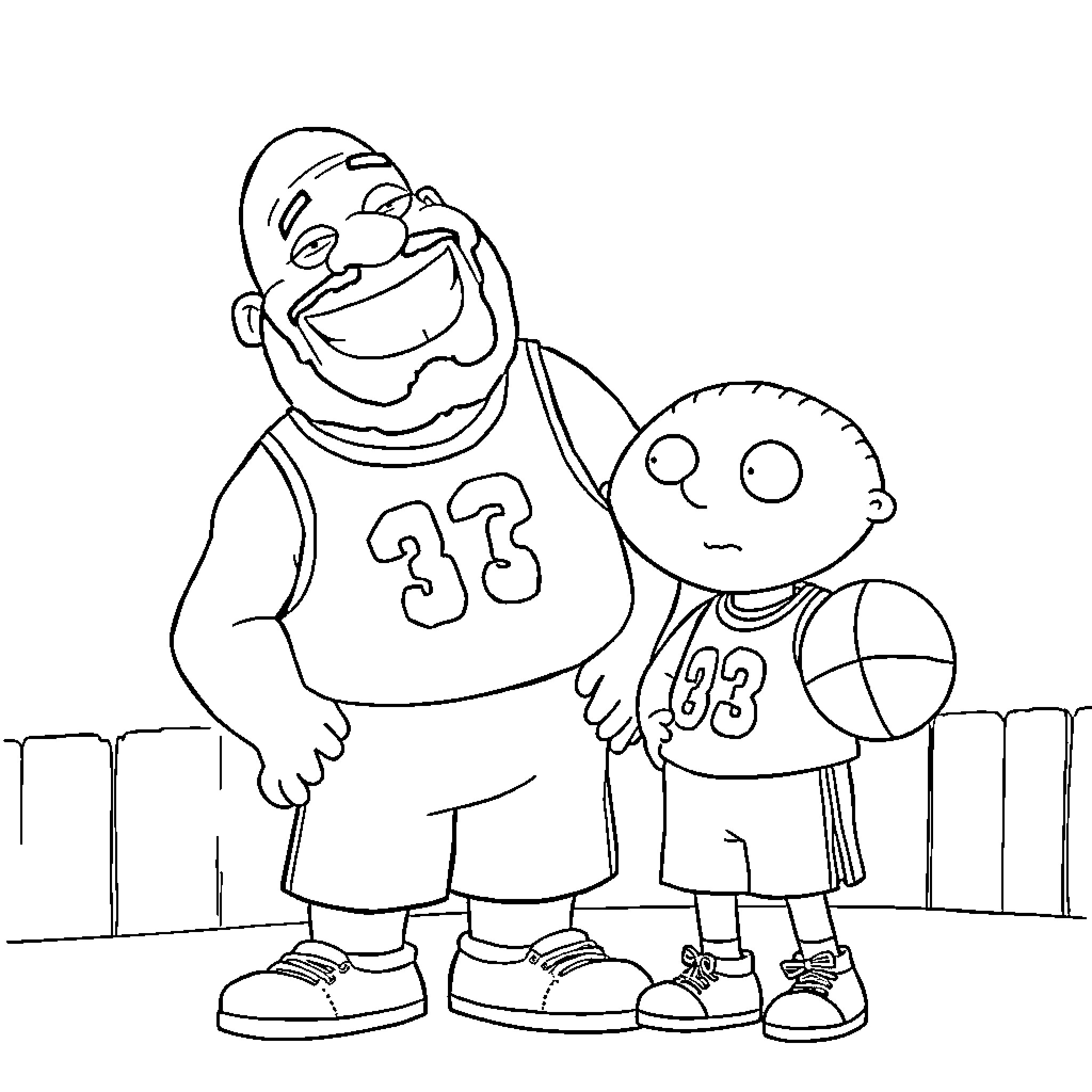Stewie Griffin with Friend Playing Basketball Coloring Page (free black-and-white line drawing printable PDF for all, from beginners to advanced learners, including children, teens, adults, and seniors)