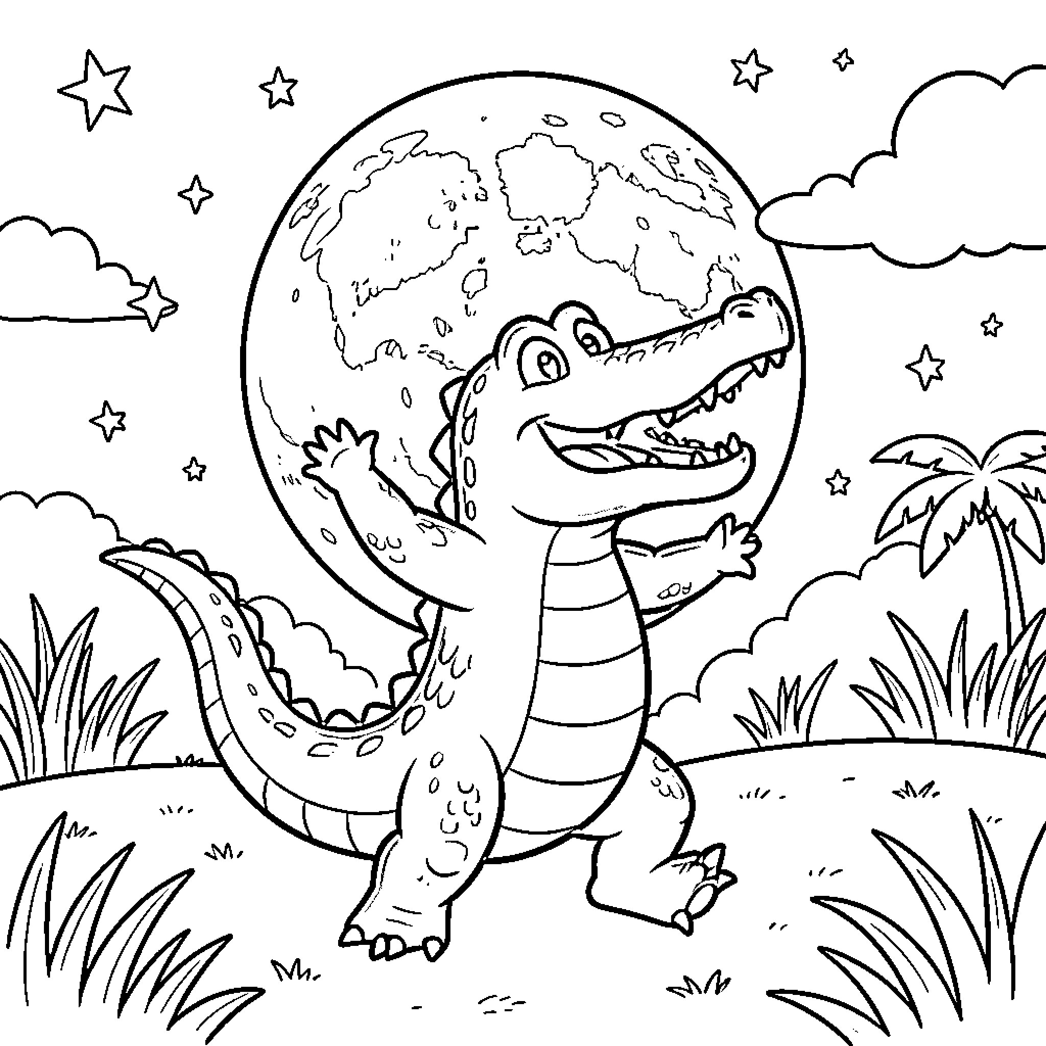Cocodrilo exploring the world Coloring Page (free black-and-white line drawing printable PDF for all, from beginners to advanced learners, including children, teens, adults, and seniors)