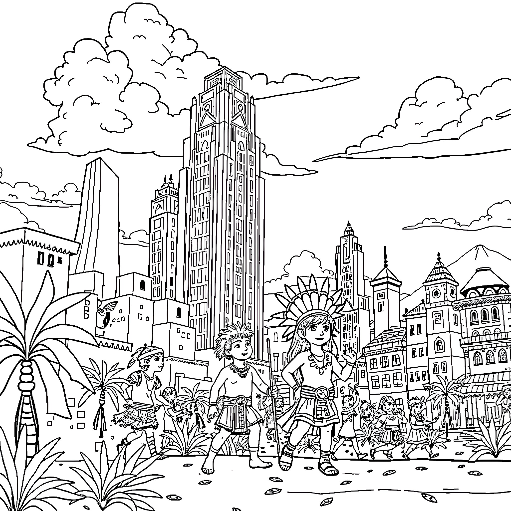 Kid Adventures in a Lively City Landscape Coloring Page (free black-and-white line drawing printable PDF for all, from beginners to advanced learners, including children, teens, adults, and seniors)