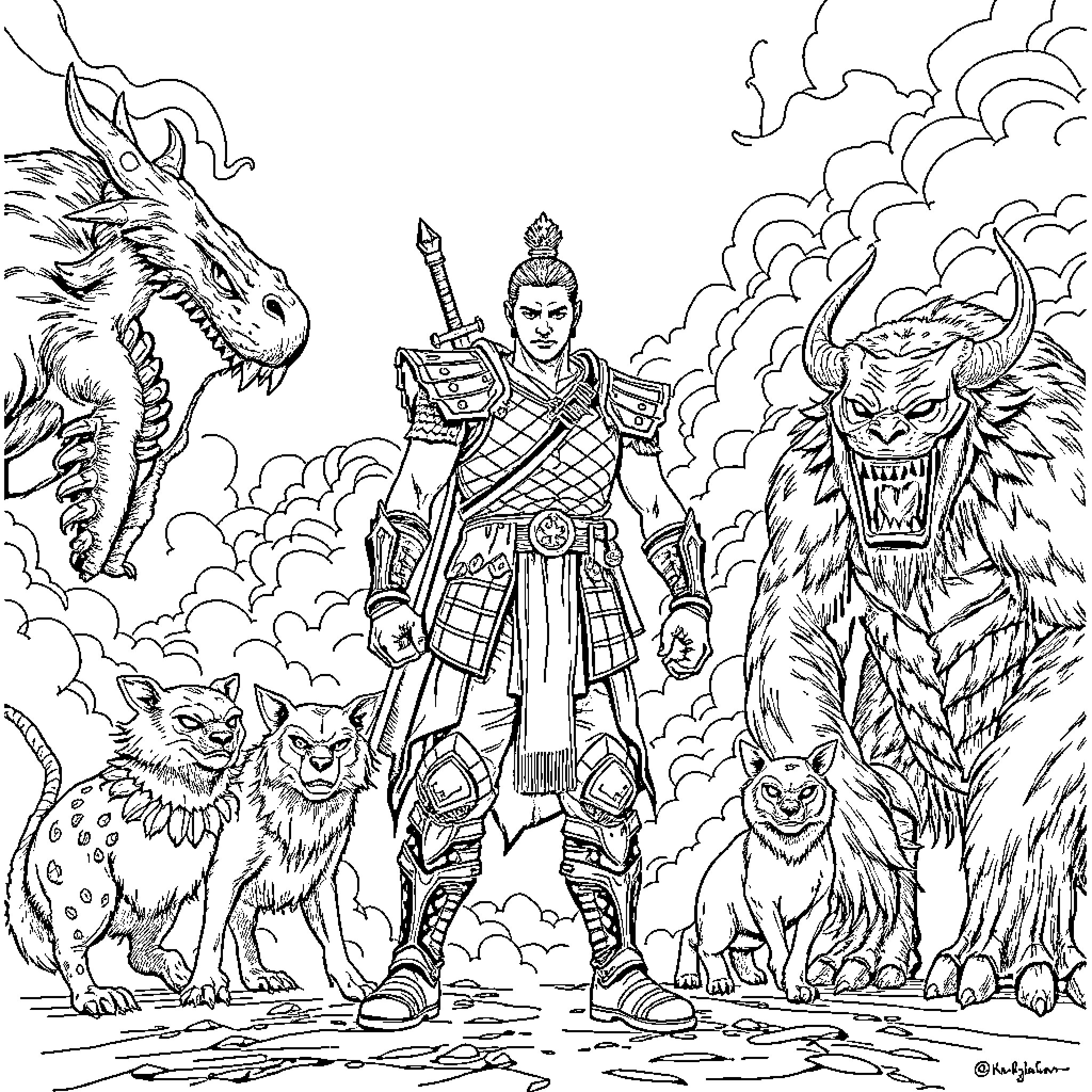 Jason Asano's Fantastical Adventure with Mythical Creatures Coloring Page (free black-and-white line drawing printable PDF for all, from beginners to advanced learners, including children, teens, adults, and seniors)