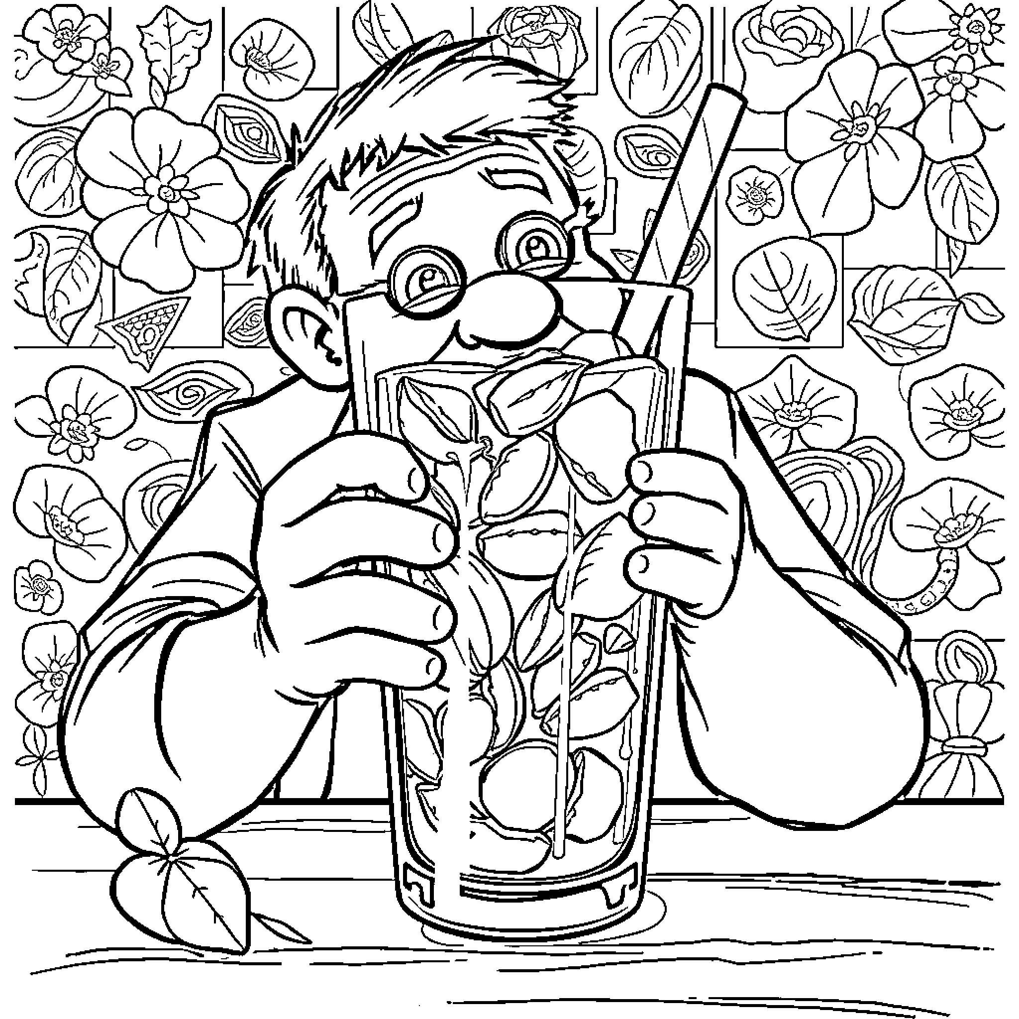 Tea Party with Floral Surroundings Coloring Page (free black-and-white line drawing printable PDF for all, from beginners to advanced learners, including children, teens, adults, and seniors)