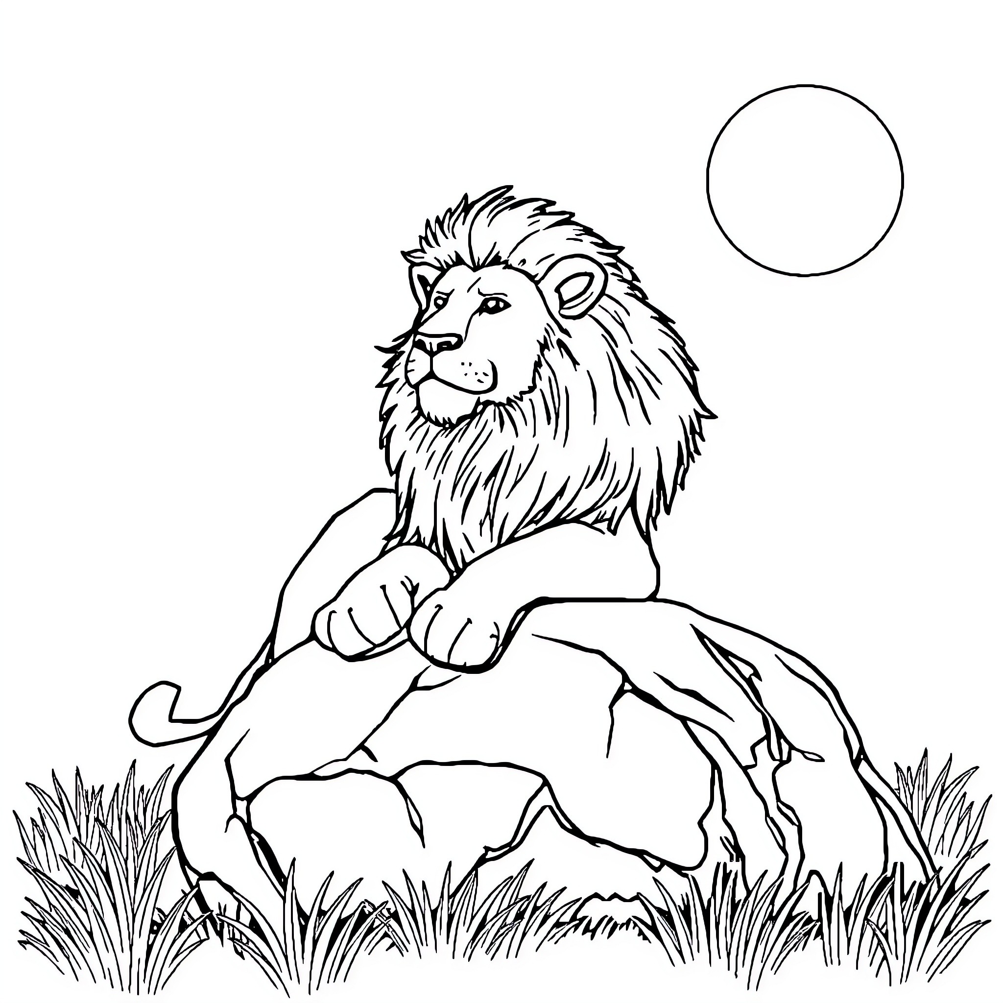 Lion gazing at the moon in the wild Coloring Page (free black-and-white line drawing printable PDF for all, from beginners to advanced learners, including children, teens, adults, and seniors)