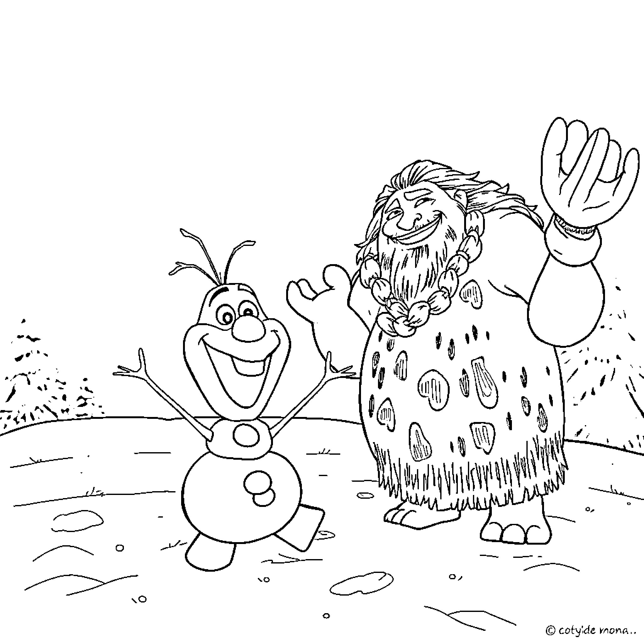 Olaf and Marshmallow Troll Waving Happily in Winter Wonderland Coloring Page (free black-and-white line drawing printable PDF for all, from beginners to advanced learners, including children, teens, adults, and seniors)