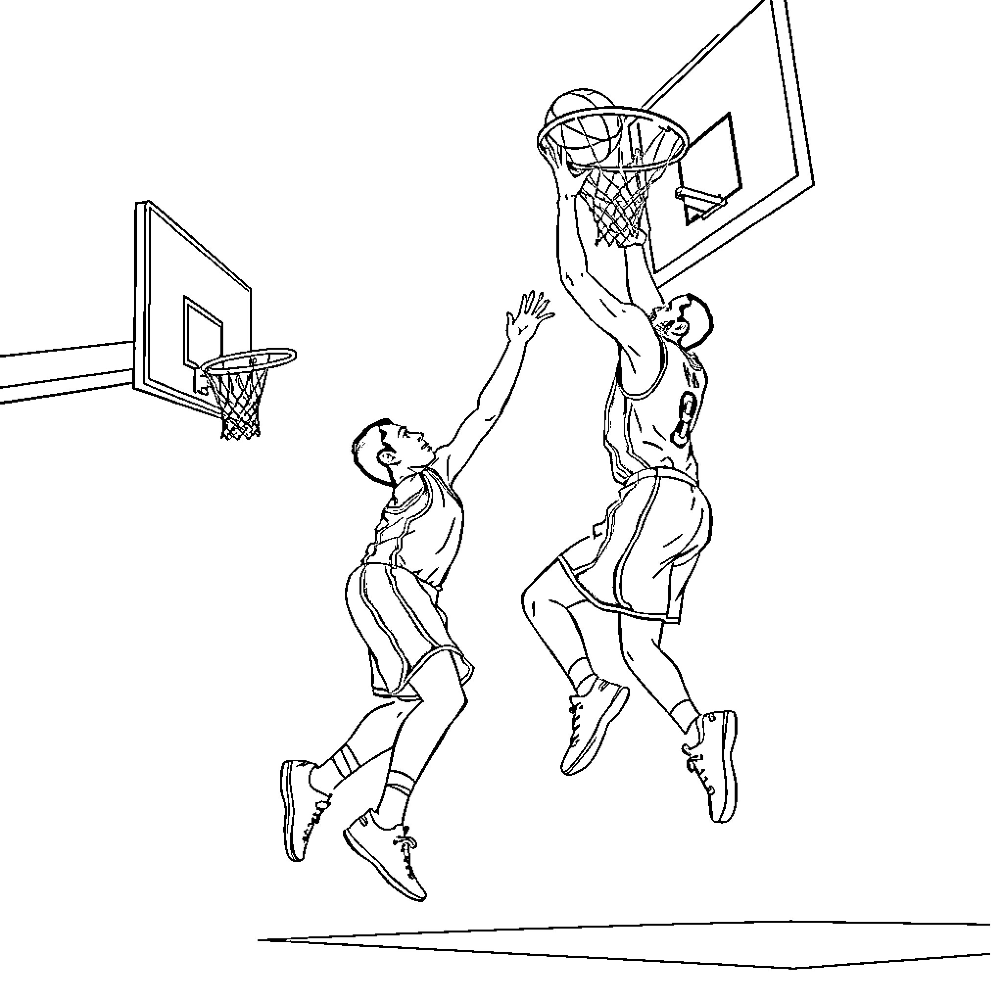Ranaldo's Dunk Showdown on the Basketball Court Coloring Page (free black-and-white line drawing printable PDF for all, from beginners to advanced learners, including children, teens, adults, and seniors)