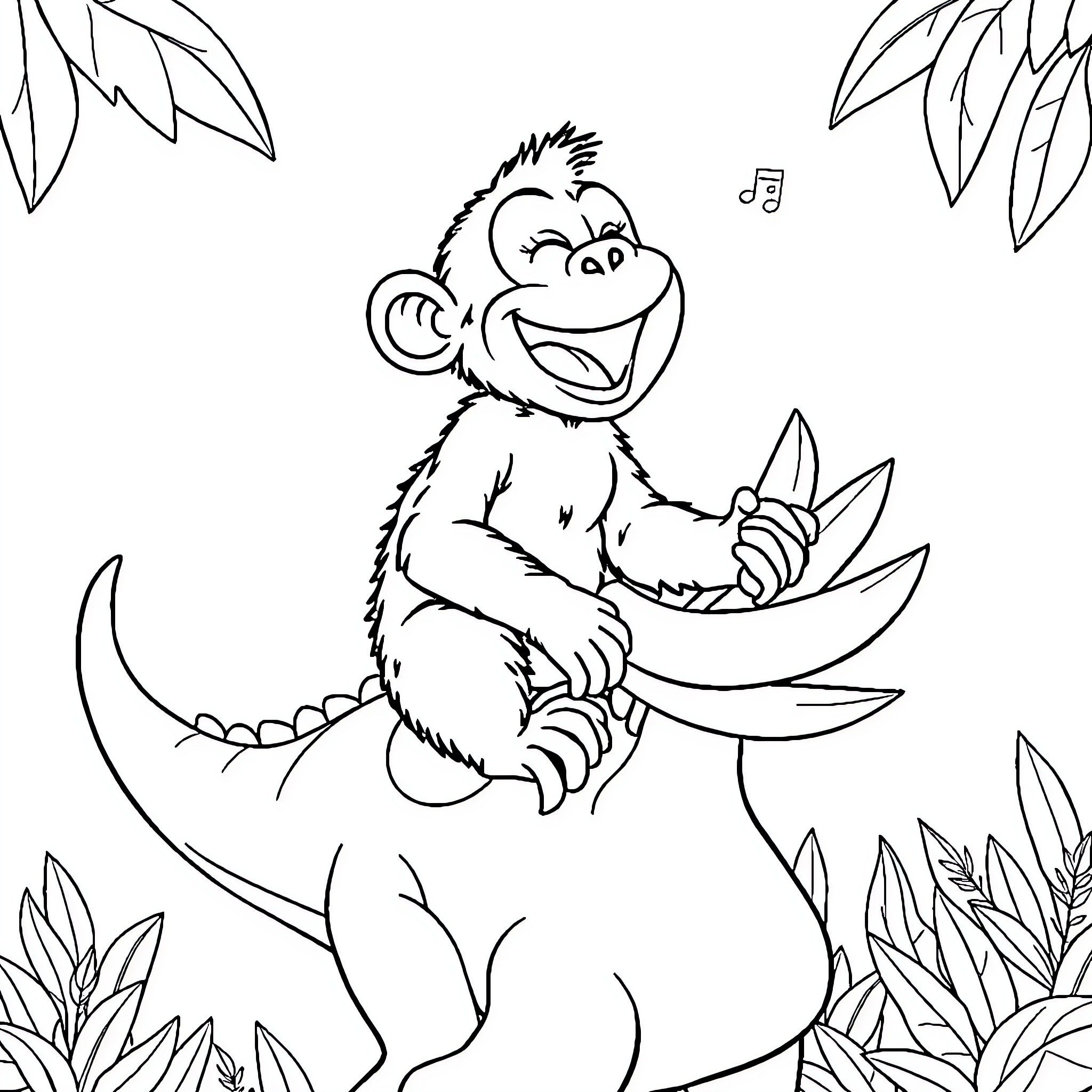 Monkey happily eating banana in tropical foliage Coloring Page (free black-and-white line drawing printable PDF for all, from beginners to advanced learners, including children, teens, adults, and seniors)