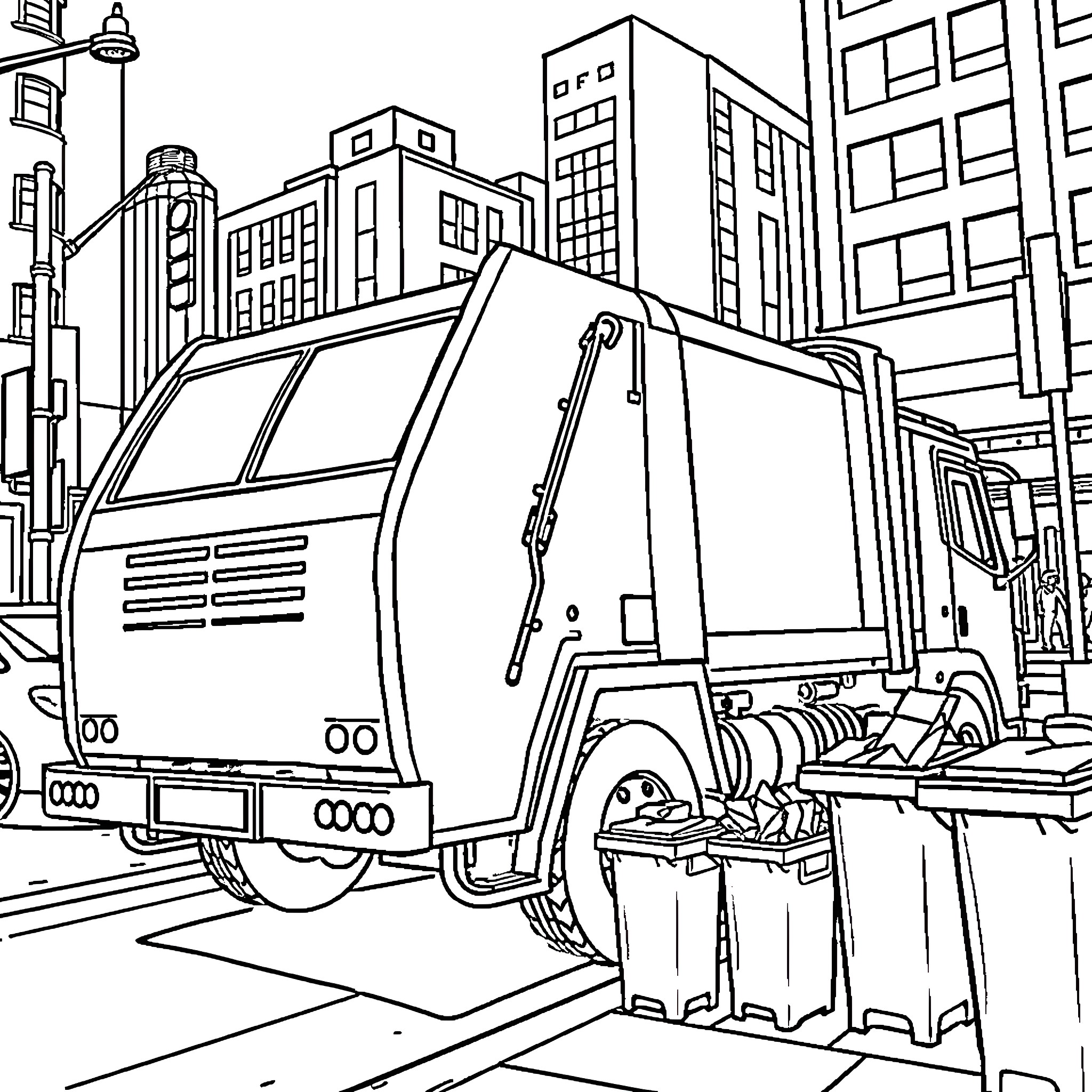 Garbage Truck Collecting Waste in City Landscape Coloring Page (free black-and-white line drawing printable PDF for all, from beginners to advanced learners, including children, teens, adults, and seniors)