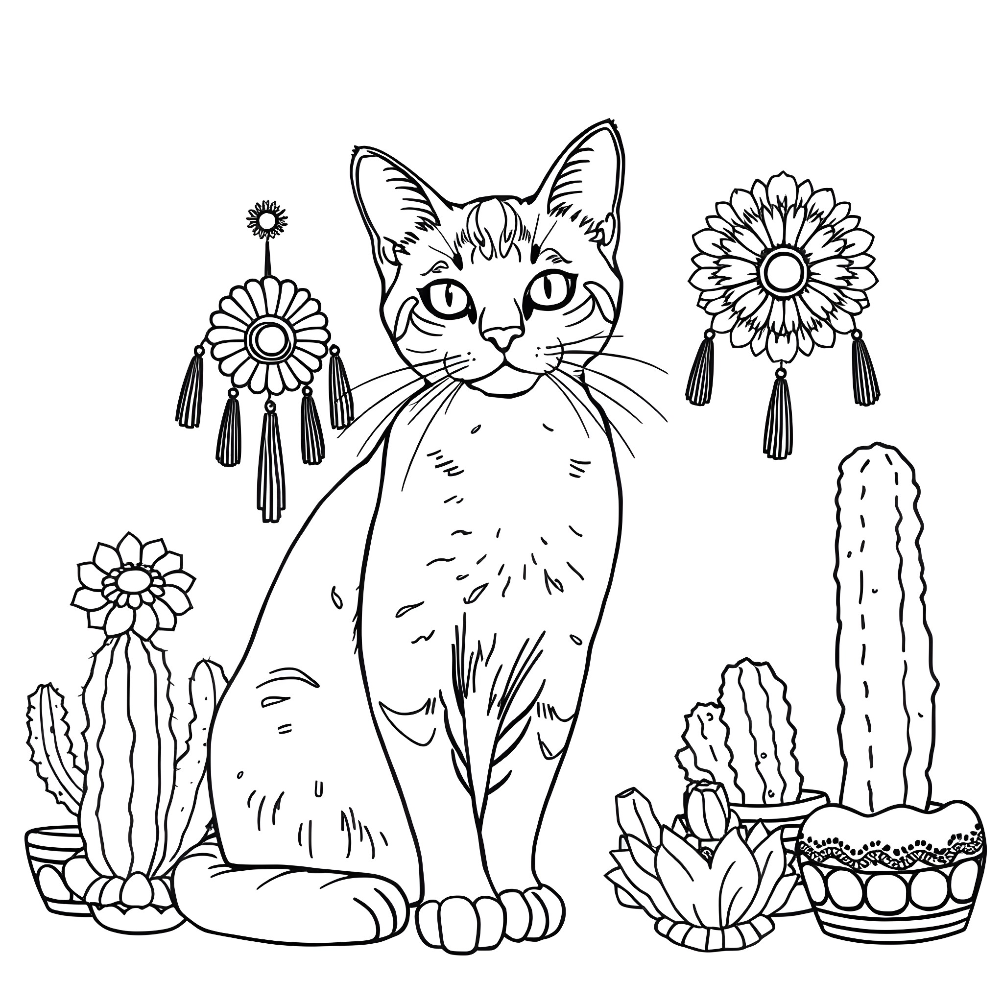 Cat amid decorative flowers and cacti Coloring Page (free black-and-white line drawing printable PDF for all, from beginners to advanced learners, including children, teens, adults, and seniors)
