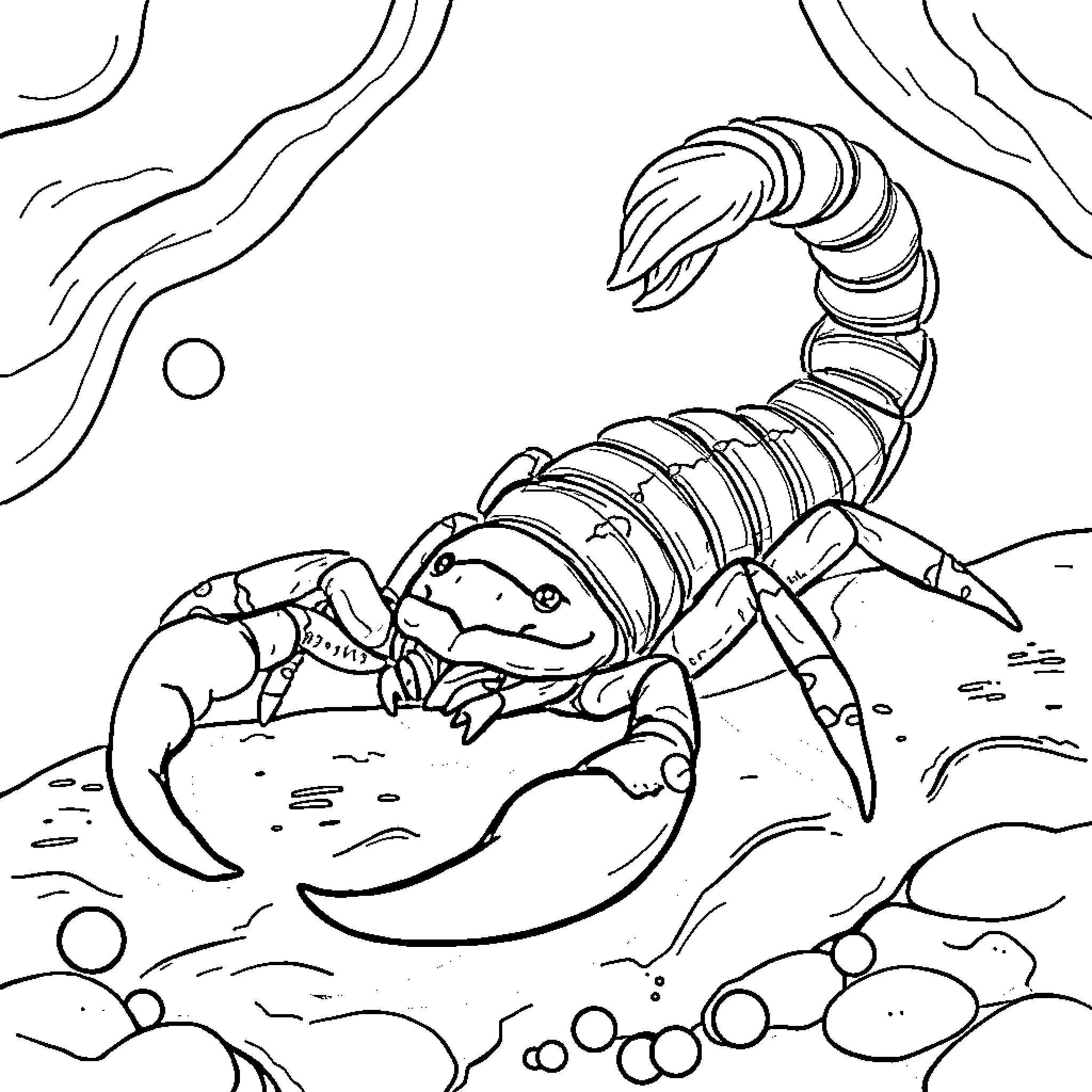 Eel-shaped Scorpion Creature in Watery Landscape Coloring Page (free black-and-white line drawing printable PDF for all, from beginners to advanced learners, including children, teens, adults, and seniors)