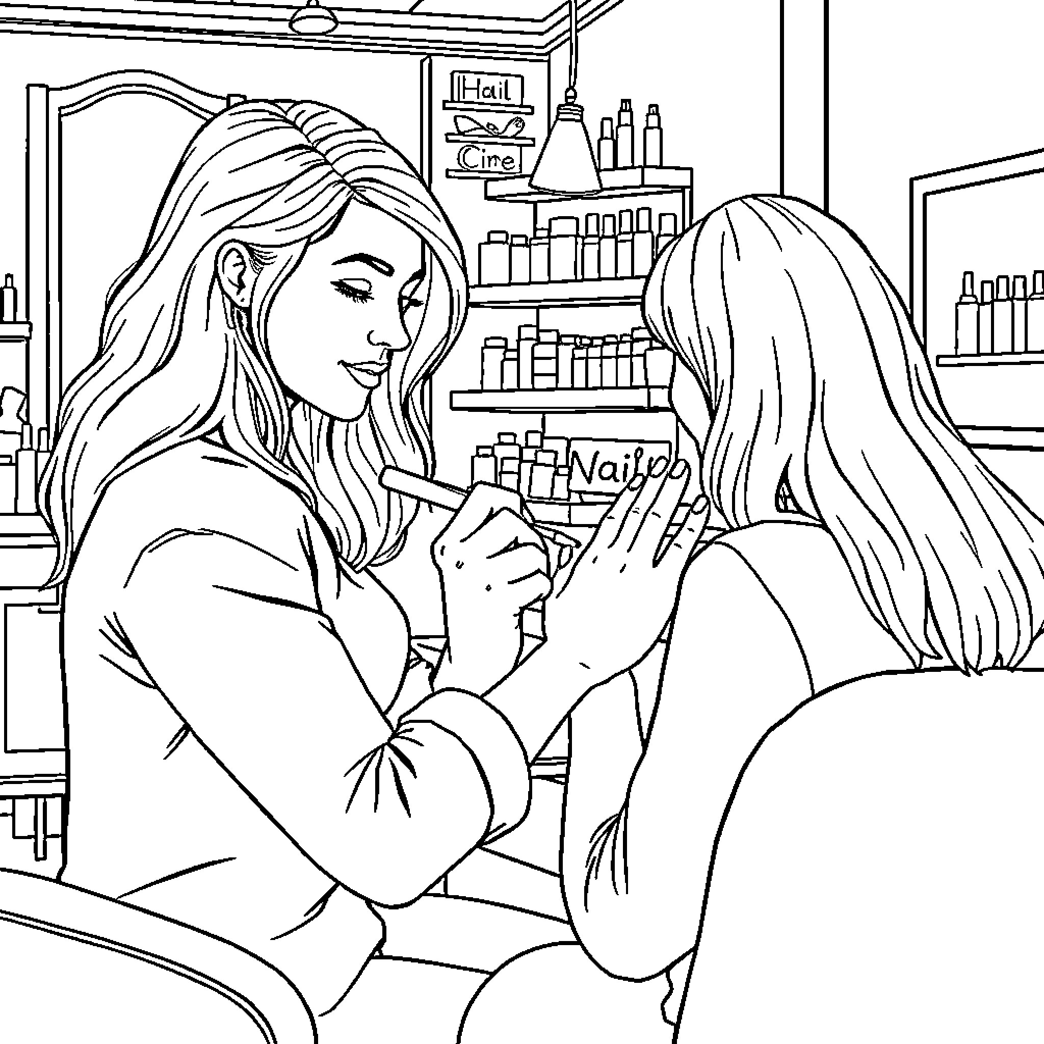 Lady getting her nails done at the salon Coloring Page (free black-and-white line drawing printable PDF for all, from beginners to advanced learners, including children, teens, adults, and seniors)