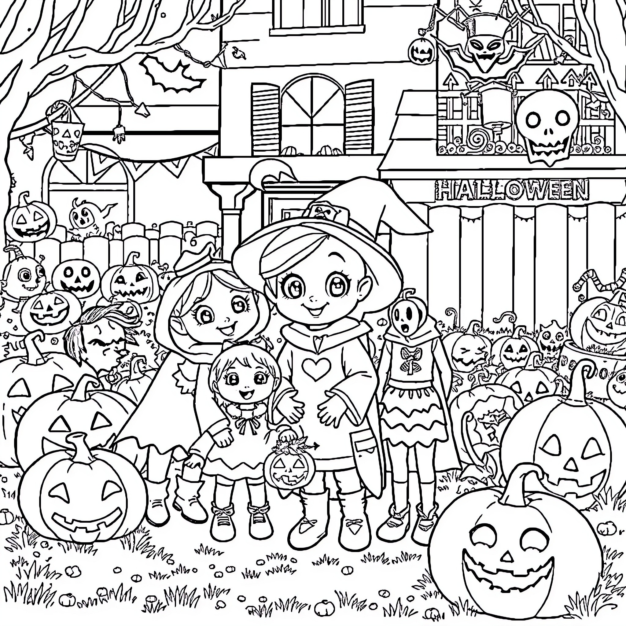 Bluey's Halloween Celebration with Friends Coloring Page (free black-and-white line drawing printable PDF for all, from beginners to advanced learners, including children, teens, adults, and seniors)