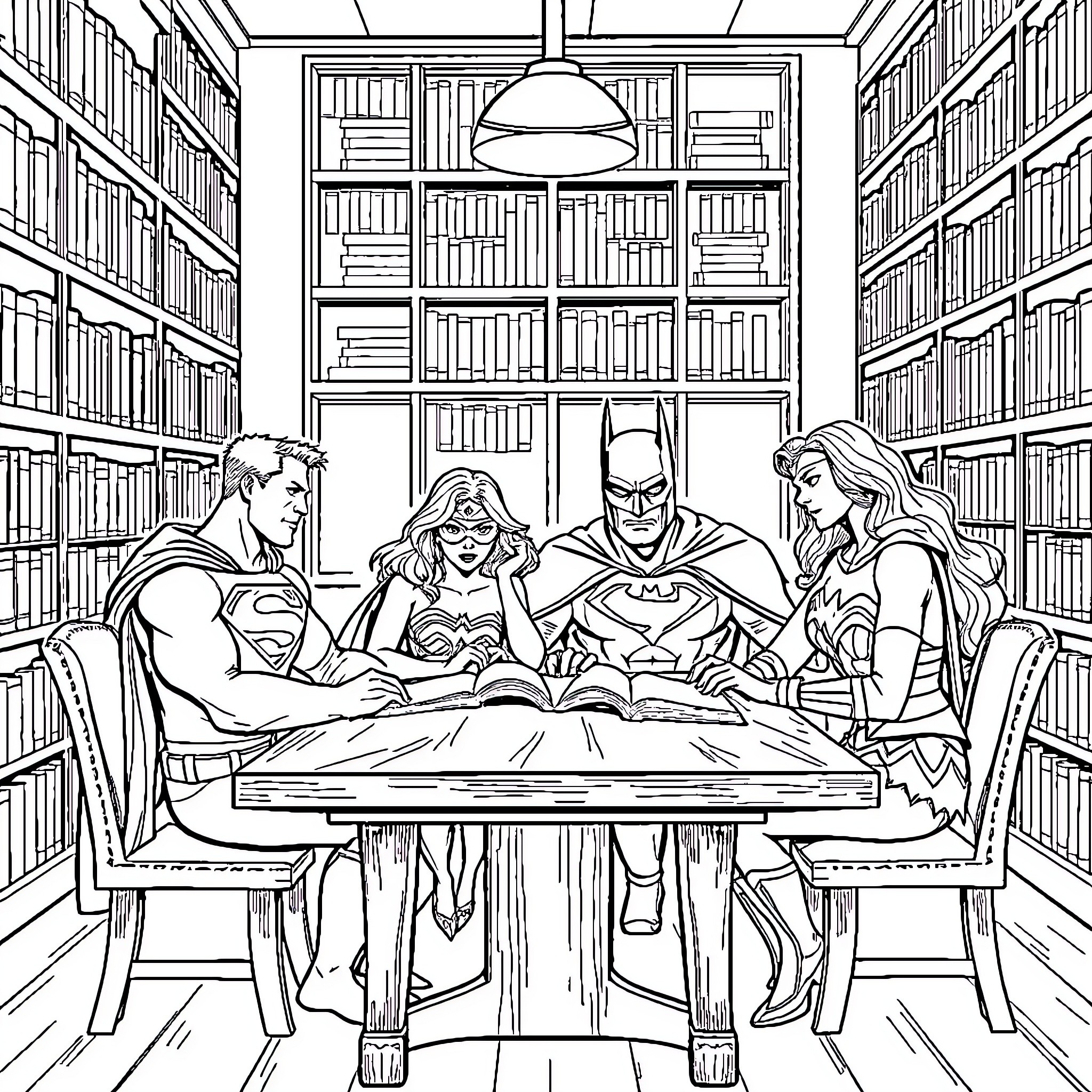 Superhero Team Strategizing in the Library Coloring Page (free black-and-white line drawing printable PDF for all, from beginners to advanced learners, including children, teens, adults, and seniors)