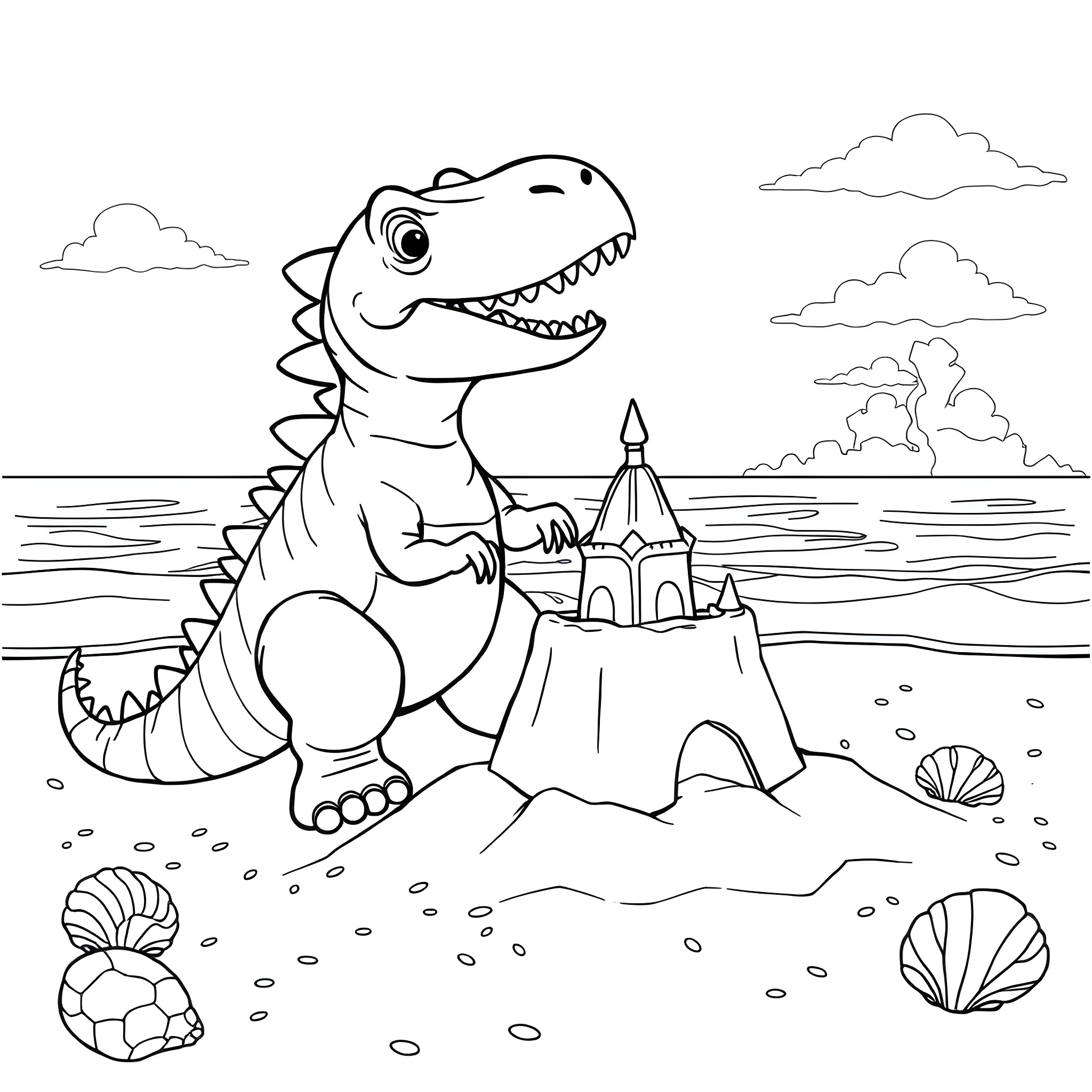 Dinosaur playing with sandcastle by the beach Coloring Page (free black-and-white line drawing printable PDF for all, from beginners to advanced learners, including children, teens, adults, and seniors)