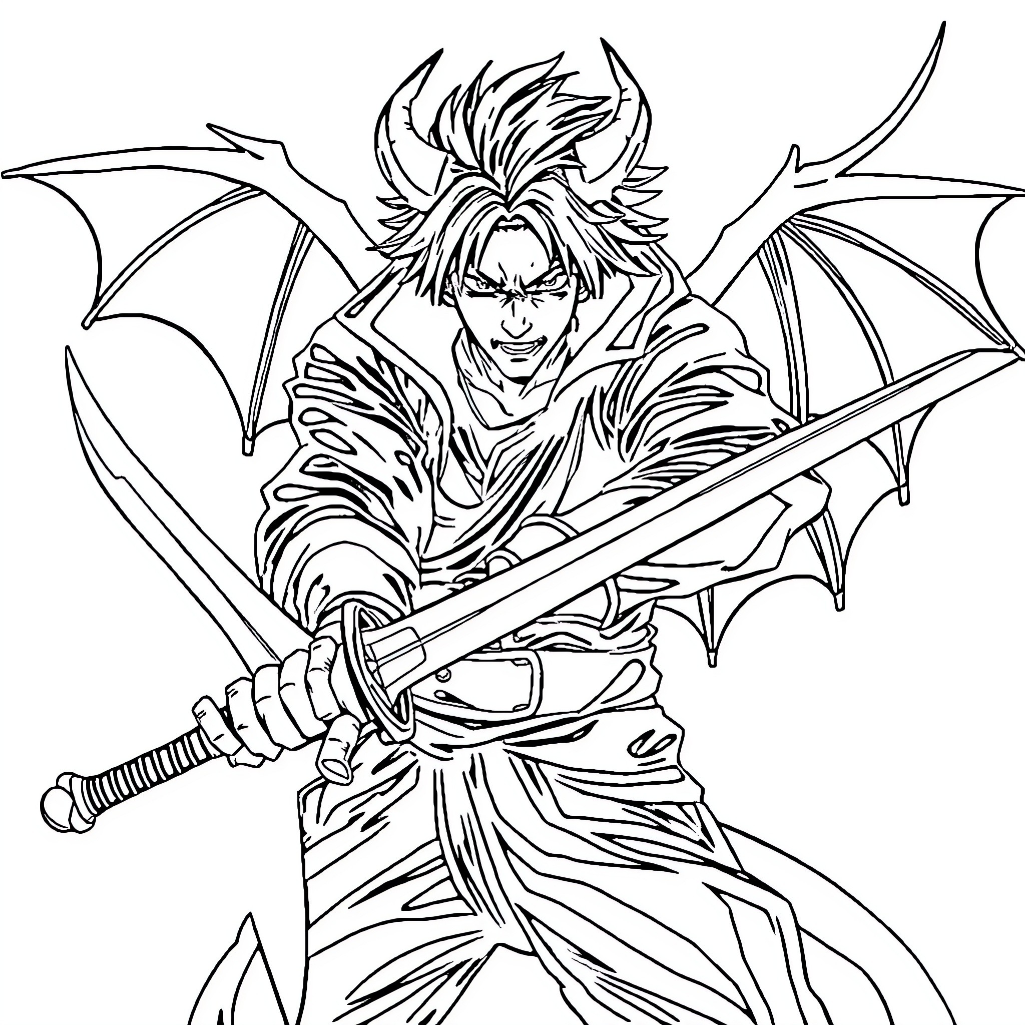 Demon Slayer wielding sword with demonic wings Coloring Page (free black-and-white line drawing printable PDF for all, from beginners to advanced learners, including children, teens, adults, and seniors)