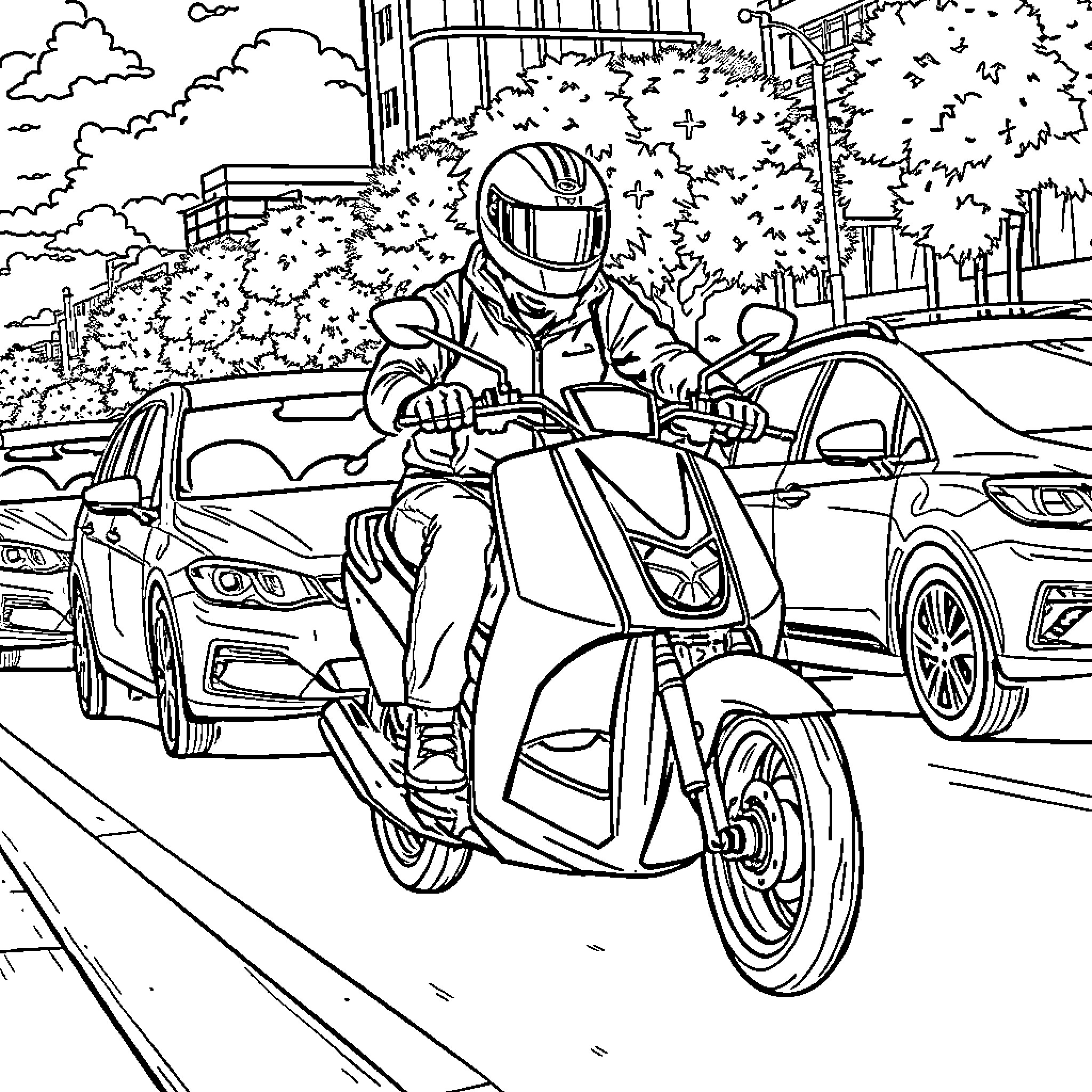 Ather 450 X rider on the move in the city Coloring Page (free black-and-white line drawing printable PDF for all, from beginners to advanced learners, including children, teens, adults, and seniors)