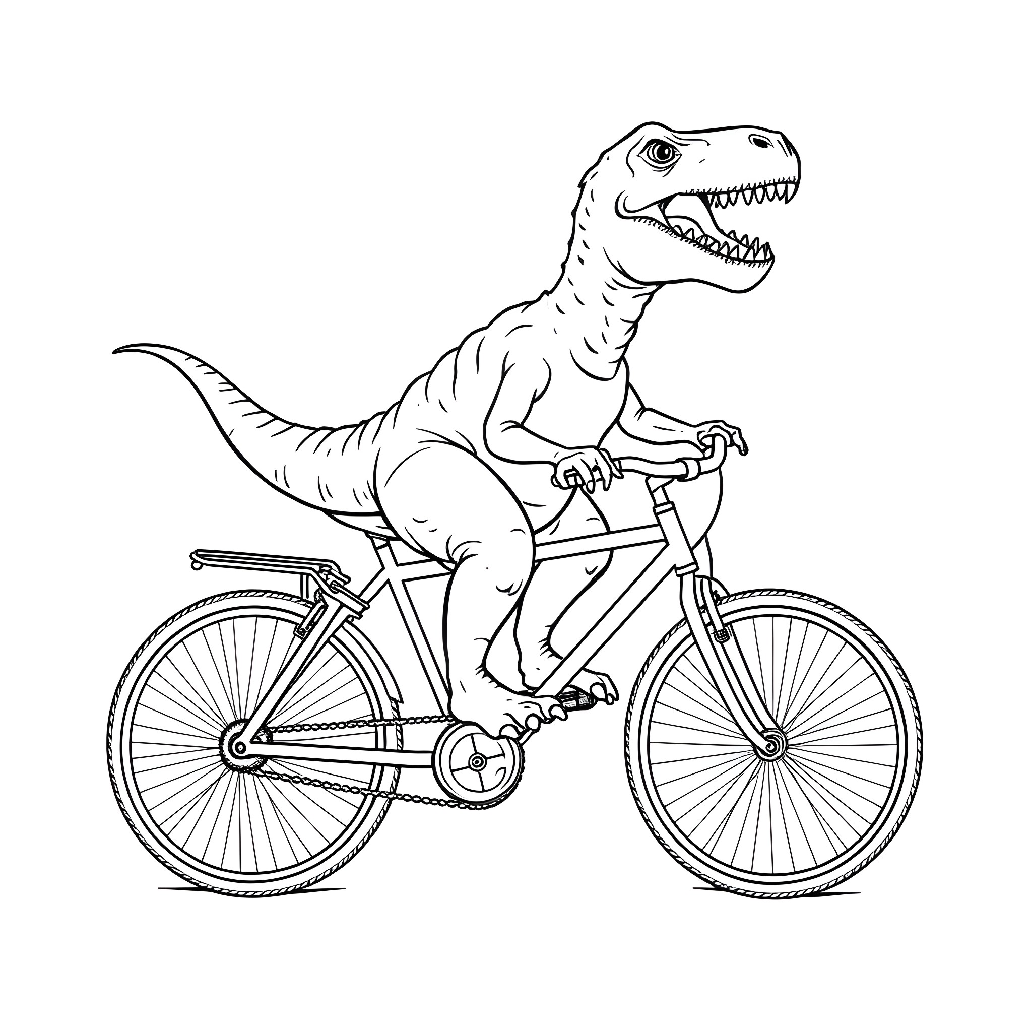 Dinosaur riding a bicycle with enthusiasm Coloring Page (free black-and-white line drawing printable PDF for all, from beginners to advanced learners, including children, teens, adults, and seniors)