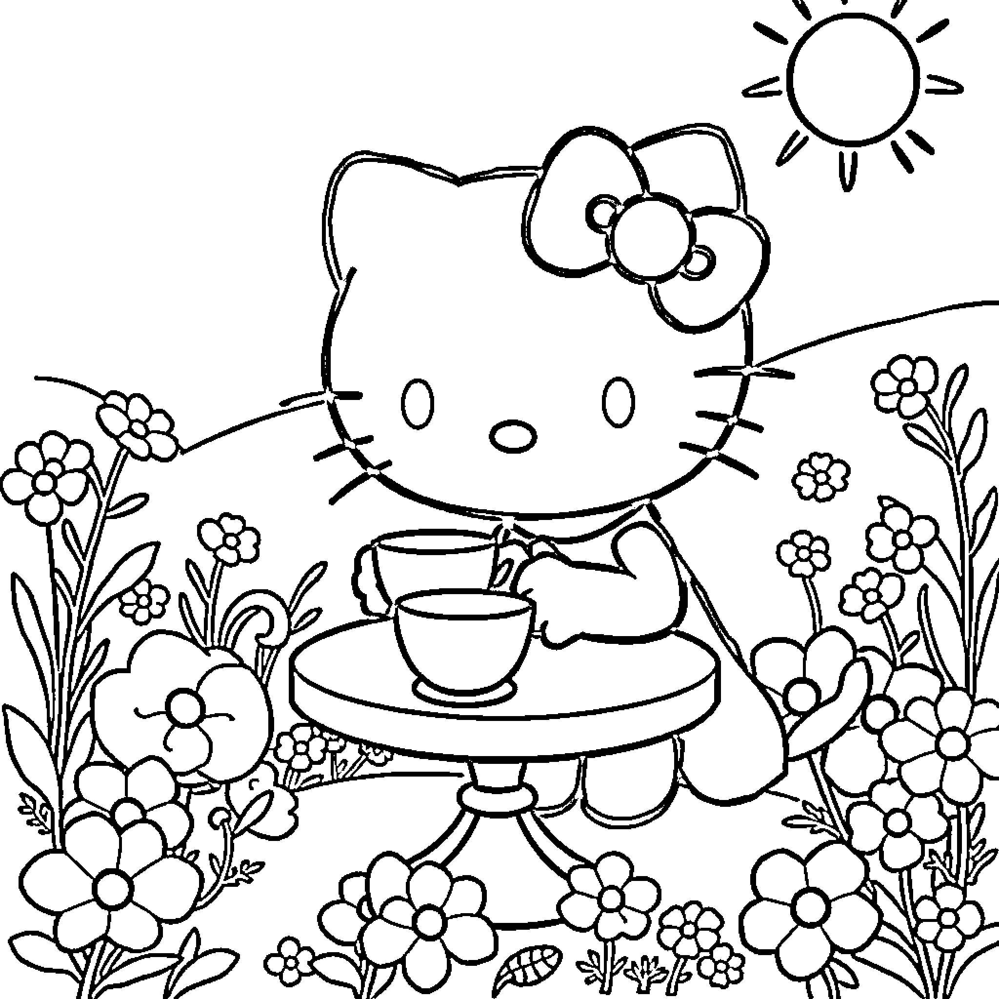 Hello Kitty enjoying tea time in a flowery garden Coloring Page (free black-and-white line drawing printable PDF for all, from beginners to advanced learners, including children, teens, adults, and seniors)
