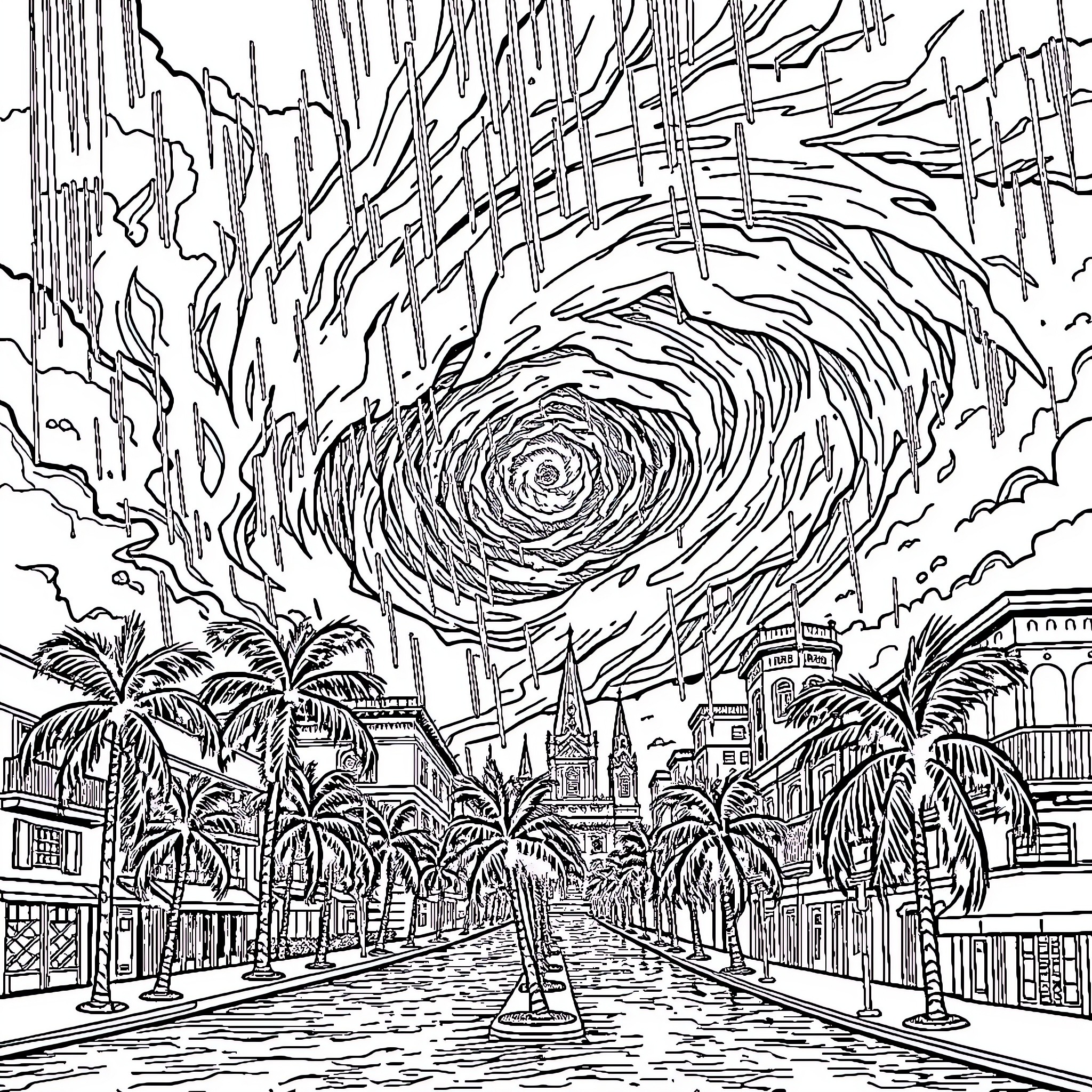Hurricane approaching a coastal town Coloring Page (free black-and-white line drawing printable PDF for all, from beginners to advanced learners, including children, teens, adults, and seniors)