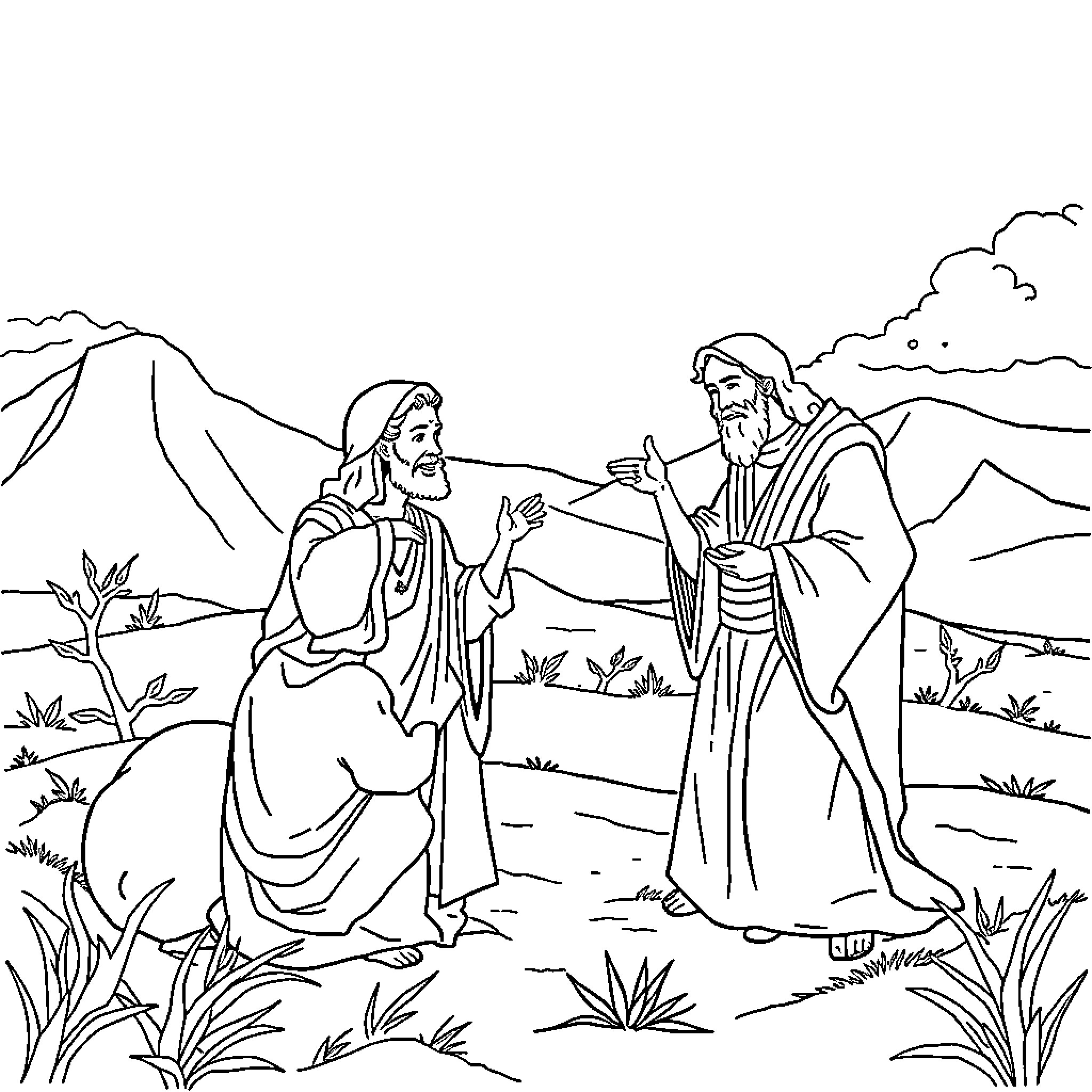 Genesis of Spiritual Discourse in the Wilderness Coloring Page (free black-and-white line drawing printable PDF for all, from beginners to advanced learners, including children, teens, adults, and seniors)