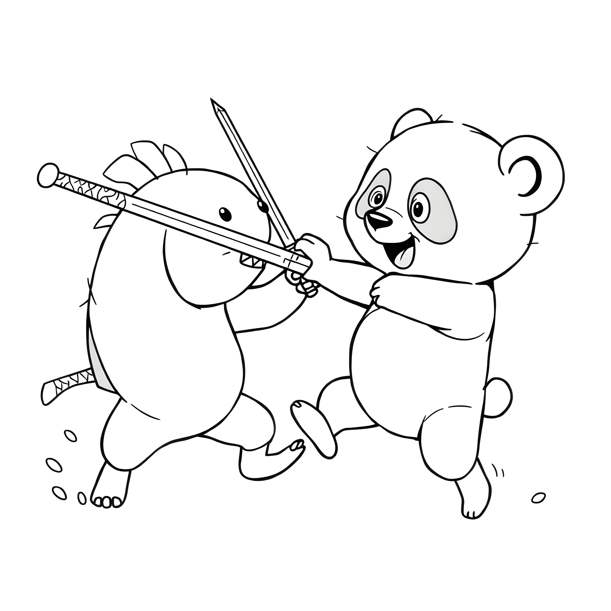 Swordfish-wielding panda in playful adventure Coloring Page (free black-and-white line drawing printable PDF for all, from beginners to advanced learners, including children, teens, adults, and seniors)