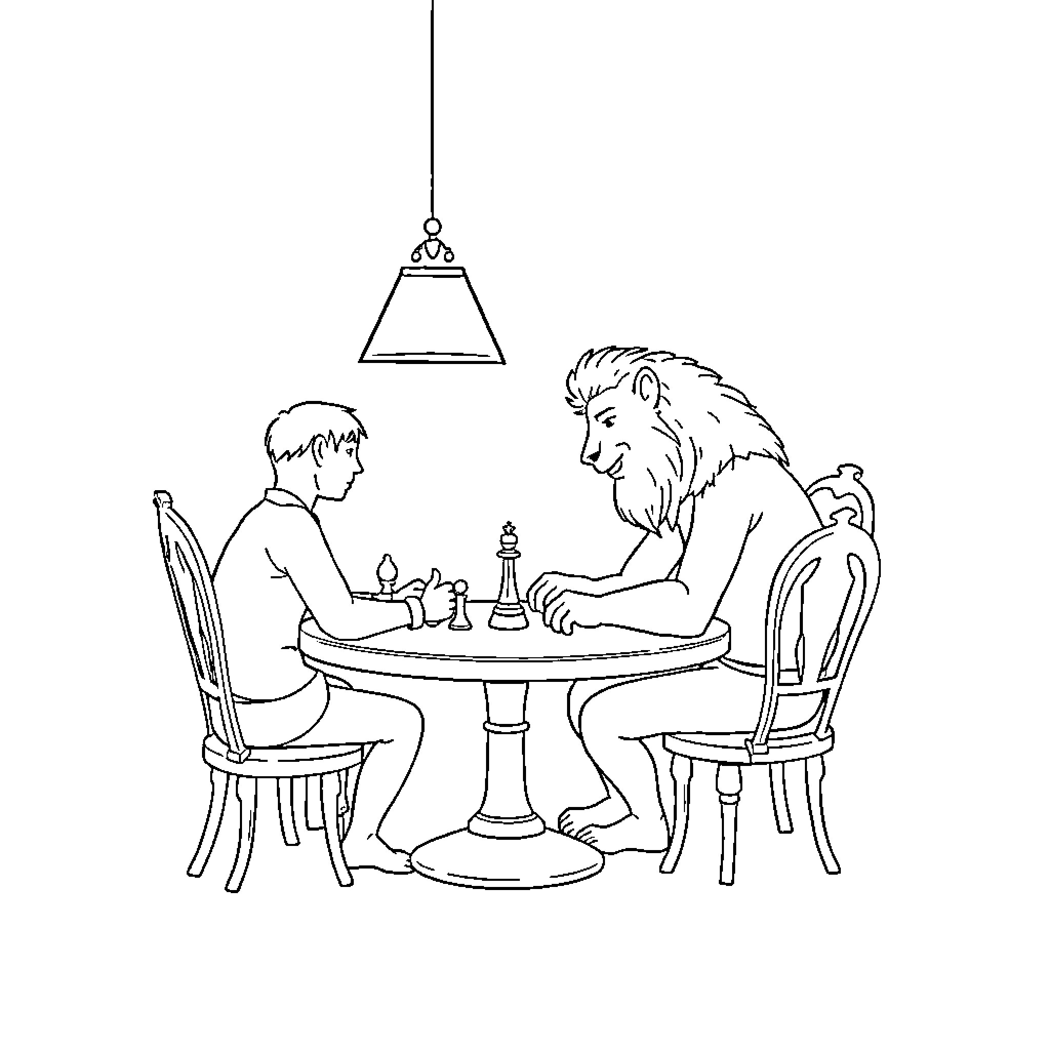 Leon playing chess with a lion Coloring Page (free black-and-white line drawing printable PDF for all, from beginners to advanced learners, including children, teens, adults, and seniors)