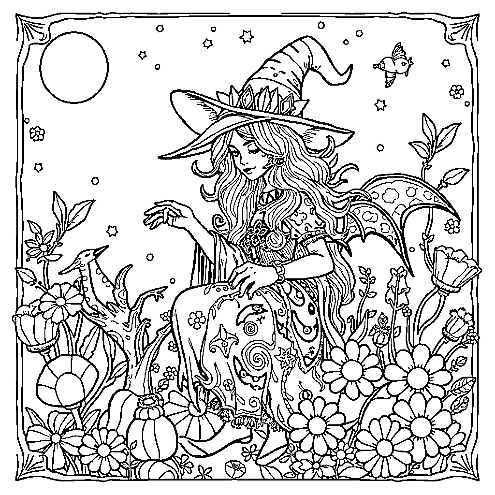 Tarot Card of Witch in Enchanted Garden Coloring Page (free black-and-white line drawing printable PDF for all, from beginners to advanced learners, including children, teens, adults, and seniors)