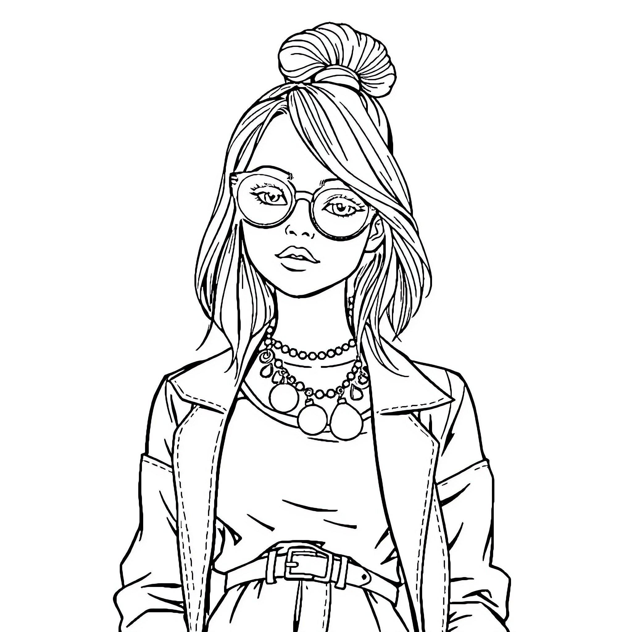 Woman in stylish outfit with glasses and jewelry Coloring Page (free black-and-white line drawing printable PDF for all, from beginners to advanced learners, including children, teens, adults, and seniors)
