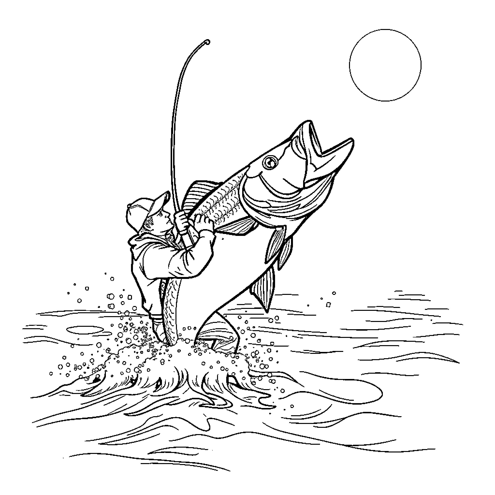 Fish caught by fisherman during ocean adventure Coloring Page (free black-and-white line drawing printable PDF for all, from beginners to advanced learners, including children, teens, adults, and seniors)