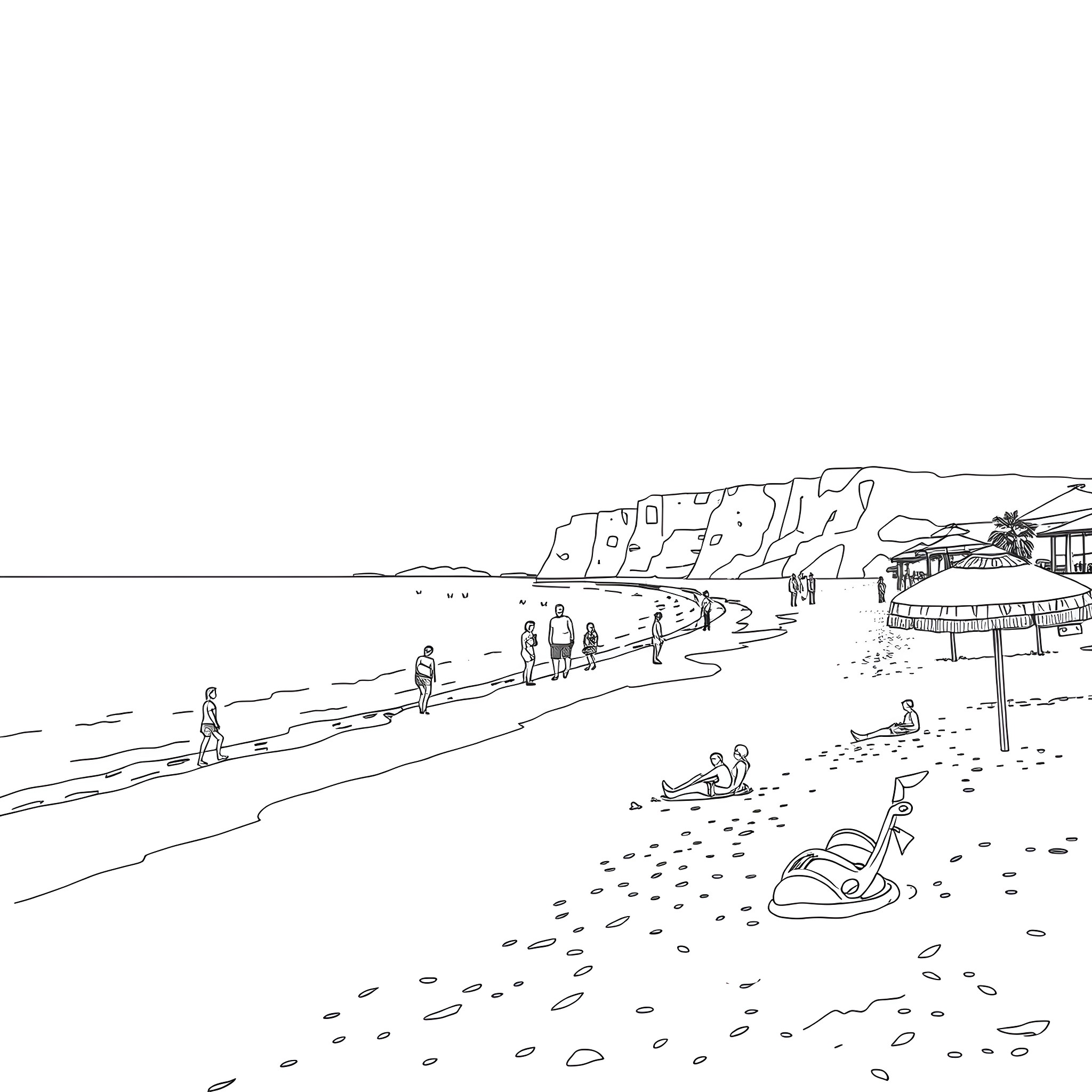 Pollito enjoying a day at the beach Coloring Page (free black-and-white line drawing printable PDF for all, from beginners to advanced learners, including children, teens, adults, and seniors)