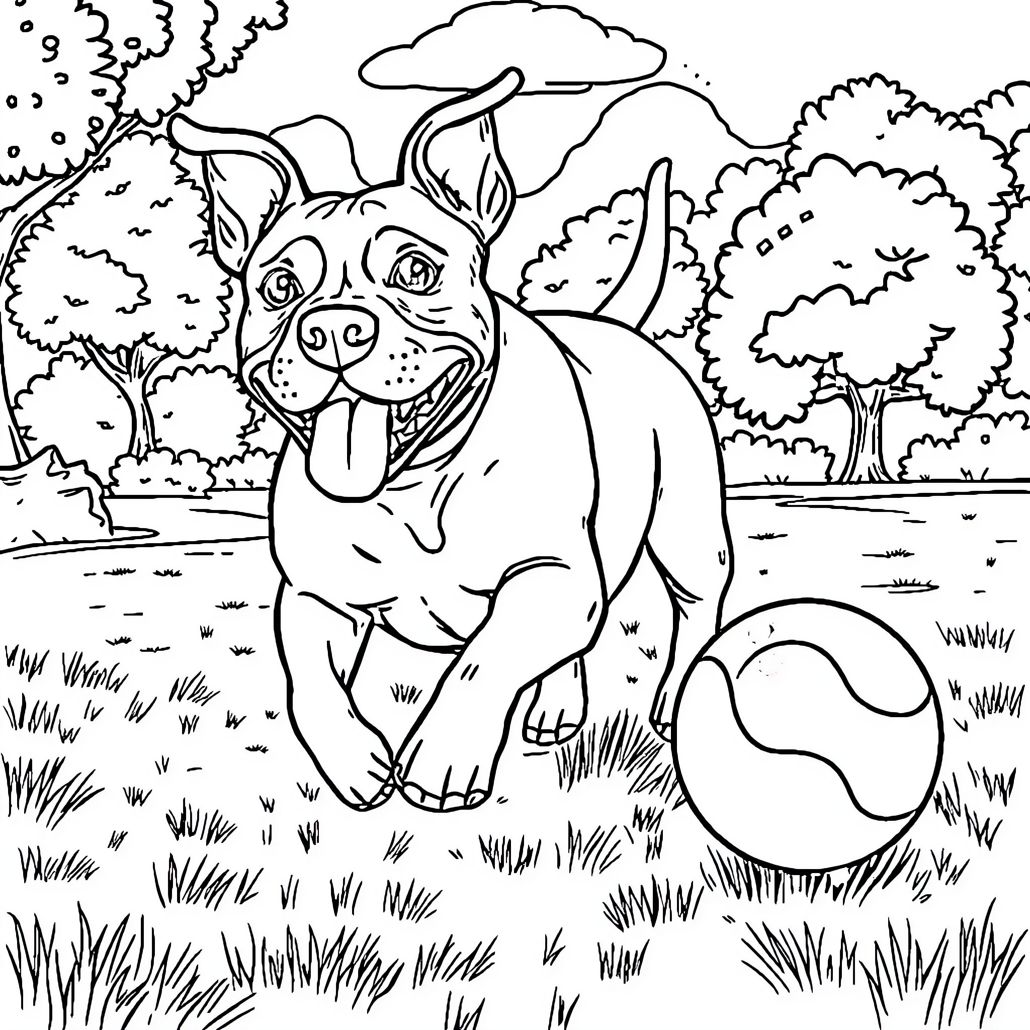 Pitbull playing joyfully in a grassy park Coloring Page (free black-and-white line drawing printable PDF for all, from beginners to advanced learners, including children, teens, adults, and seniors)