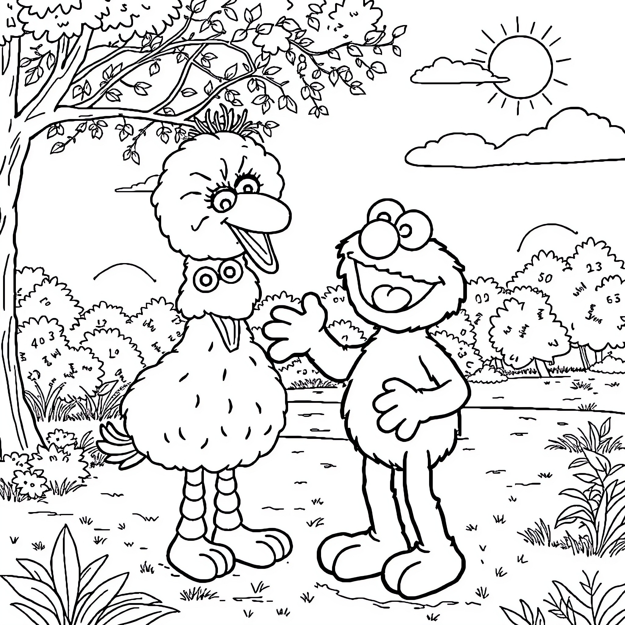 Elmo and Big Bird enjoying a sunny day outdoors Coloring Page (free black-and-white line drawing printable PDF for all, from beginners to advanced learners, including children, teens, adults, and seniors)