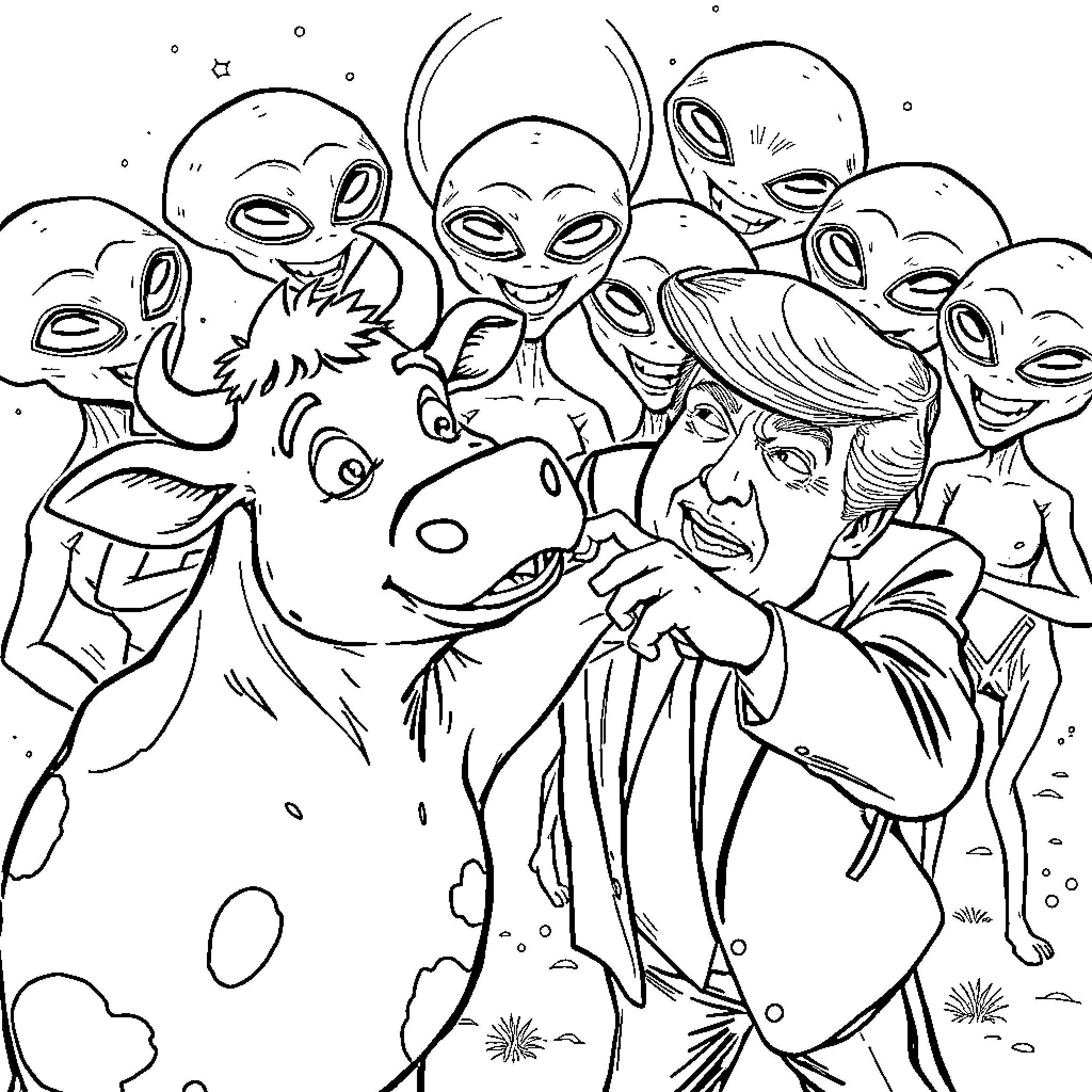 Cow-themed alien gathering with diverse characters Coloring Page (free black-and-white line drawing printable PDF for all, from beginners to advanced learners, including children, teens, adults, and seniors)