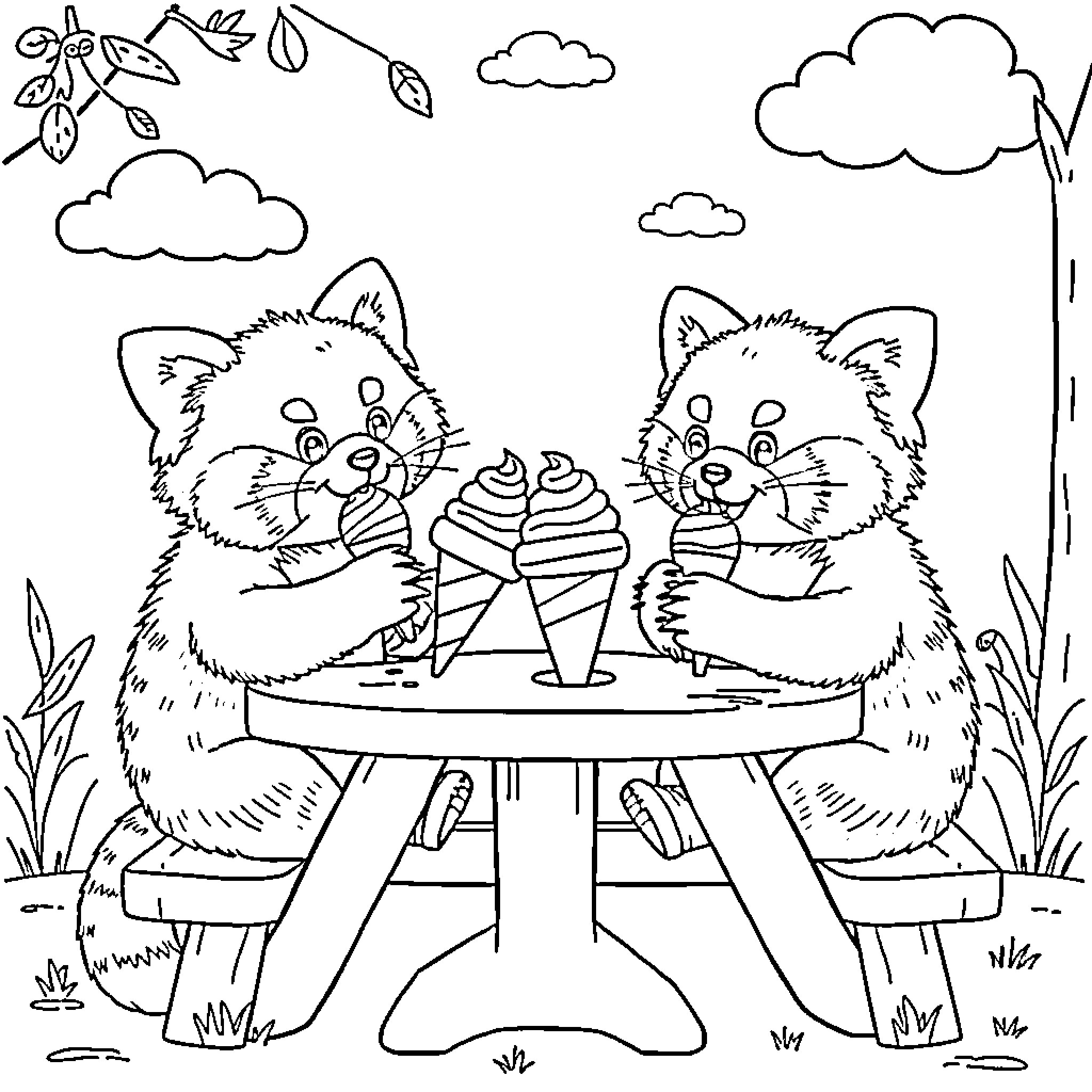Panda raccoons enjoy sweet treats outdoors Coloring Page (free black-and-white line drawing printable PDF for all, from beginners to advanced learners, including children, teens, adults, and seniors)