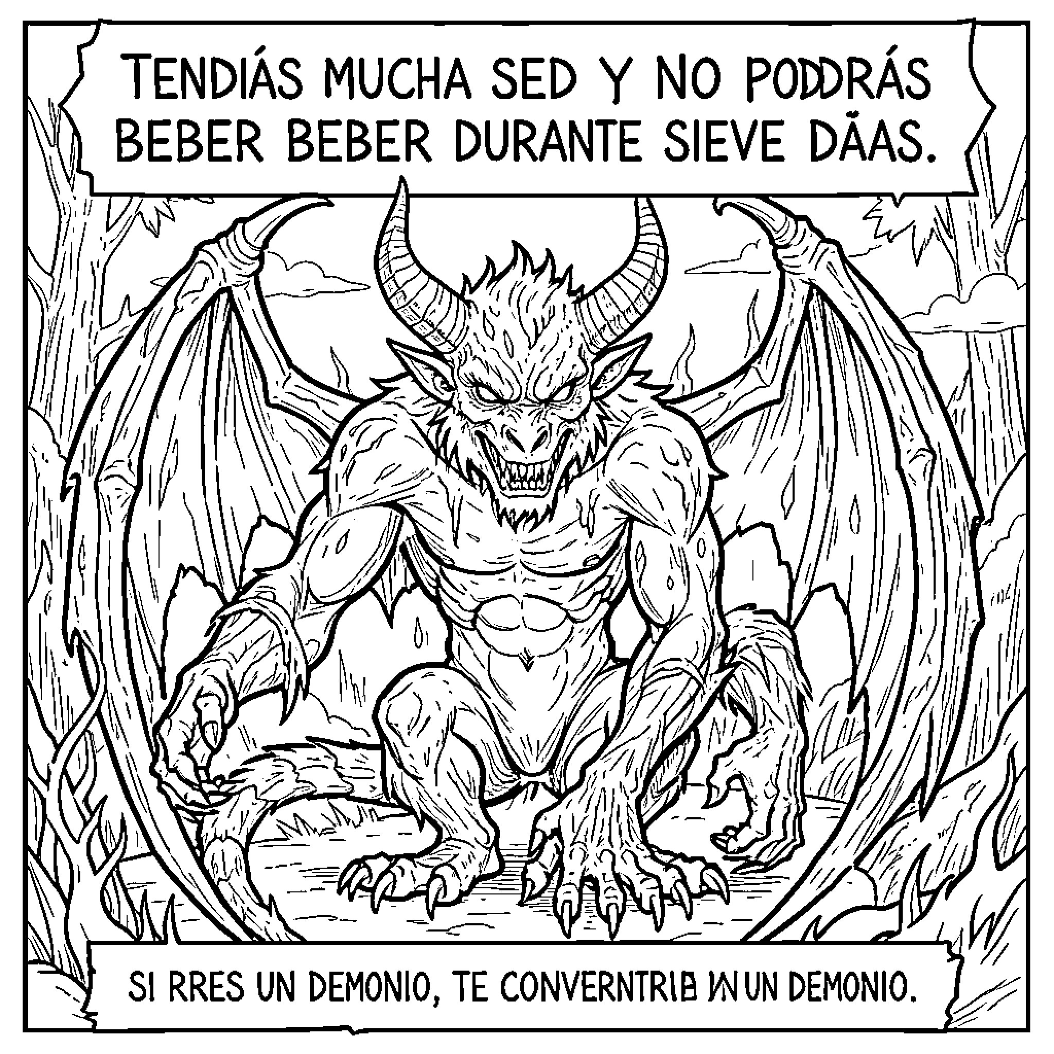 Demon Menacing Figure with Aggressive Stance Coloring Page (free black-and-white line drawing printable PDF for all, from beginners to advanced learners, including children, teens, adults, and seniors)