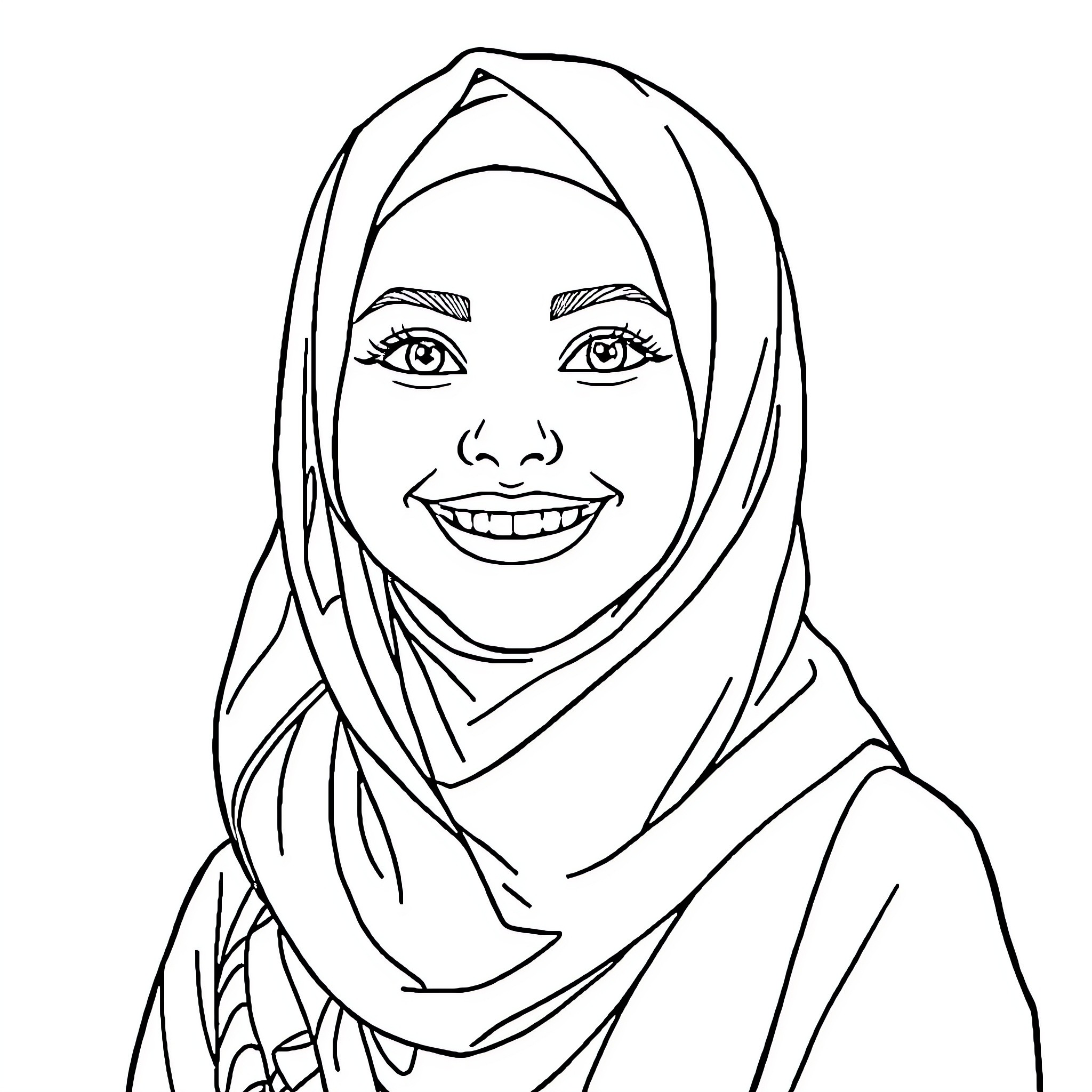 Hijabi Girl with Joyful Expression Coloring Page (free black-and-white line drawing printable PDF for all, from beginners to advanced learners, including children, teens, adults, and seniors)