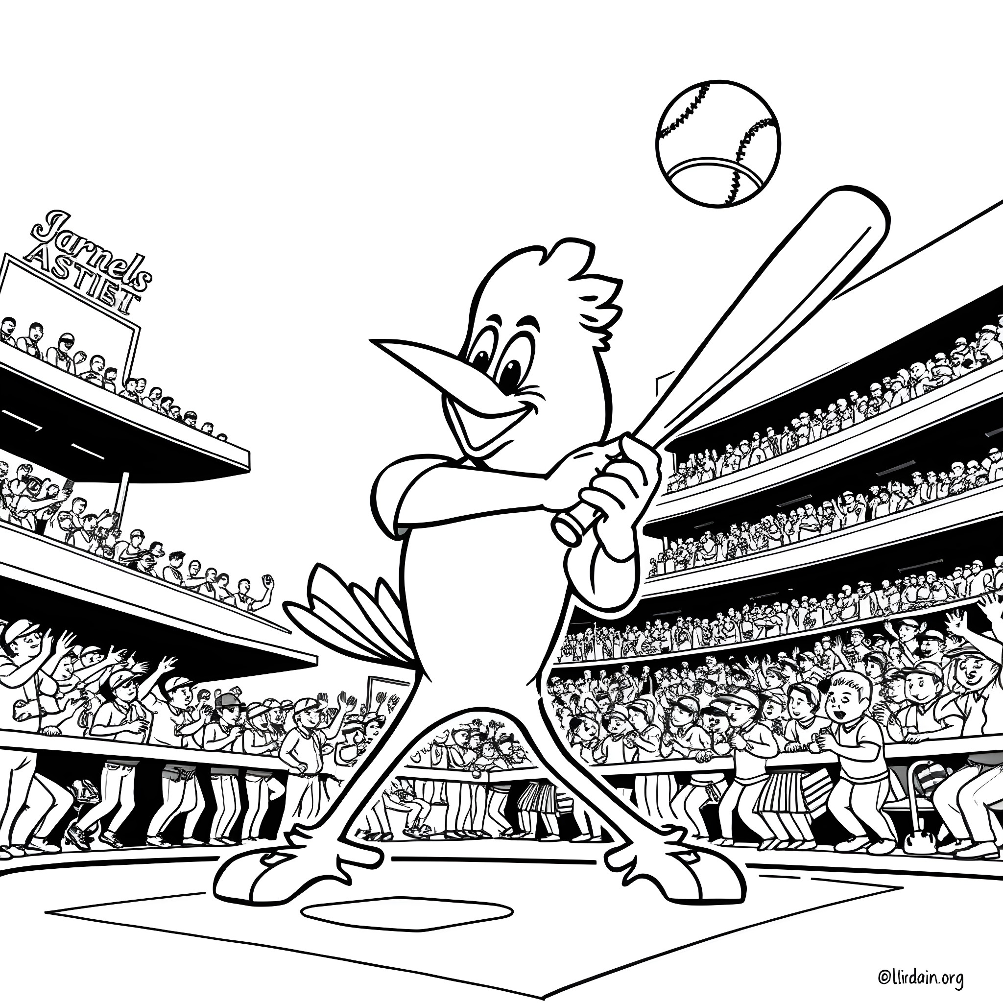 Fredbird Playing Baseball in Stadium Coloring Page (free black-and-white line drawing printable PDF for all, from beginners to advanced learners, including children, teens, adults, and seniors)