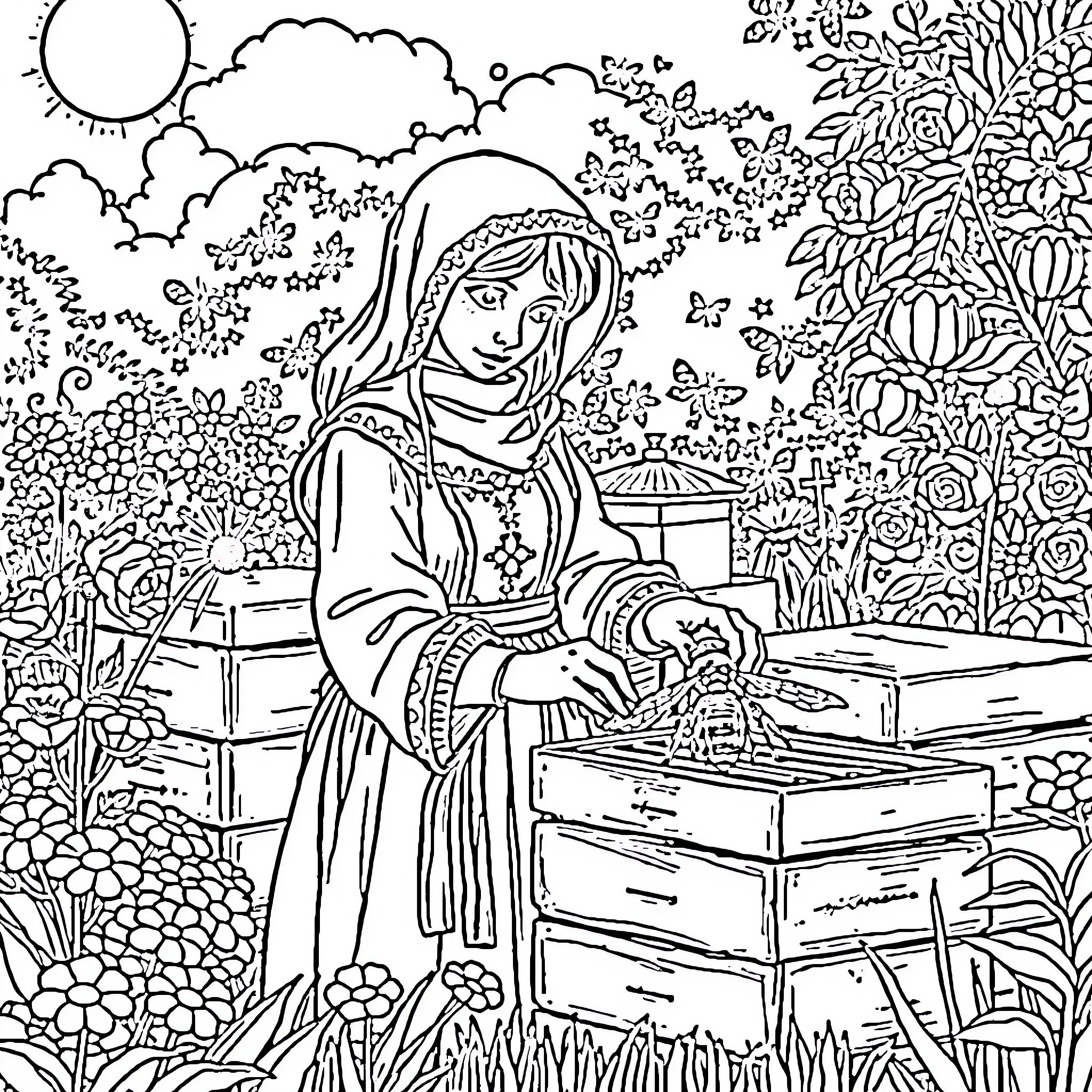 Bee Keeper tending to her hives in a lush garden Coloring Page (free black-and-white line drawing printable PDF for all, from beginners to advanced learners, including children, teens, adults, and seniors)
