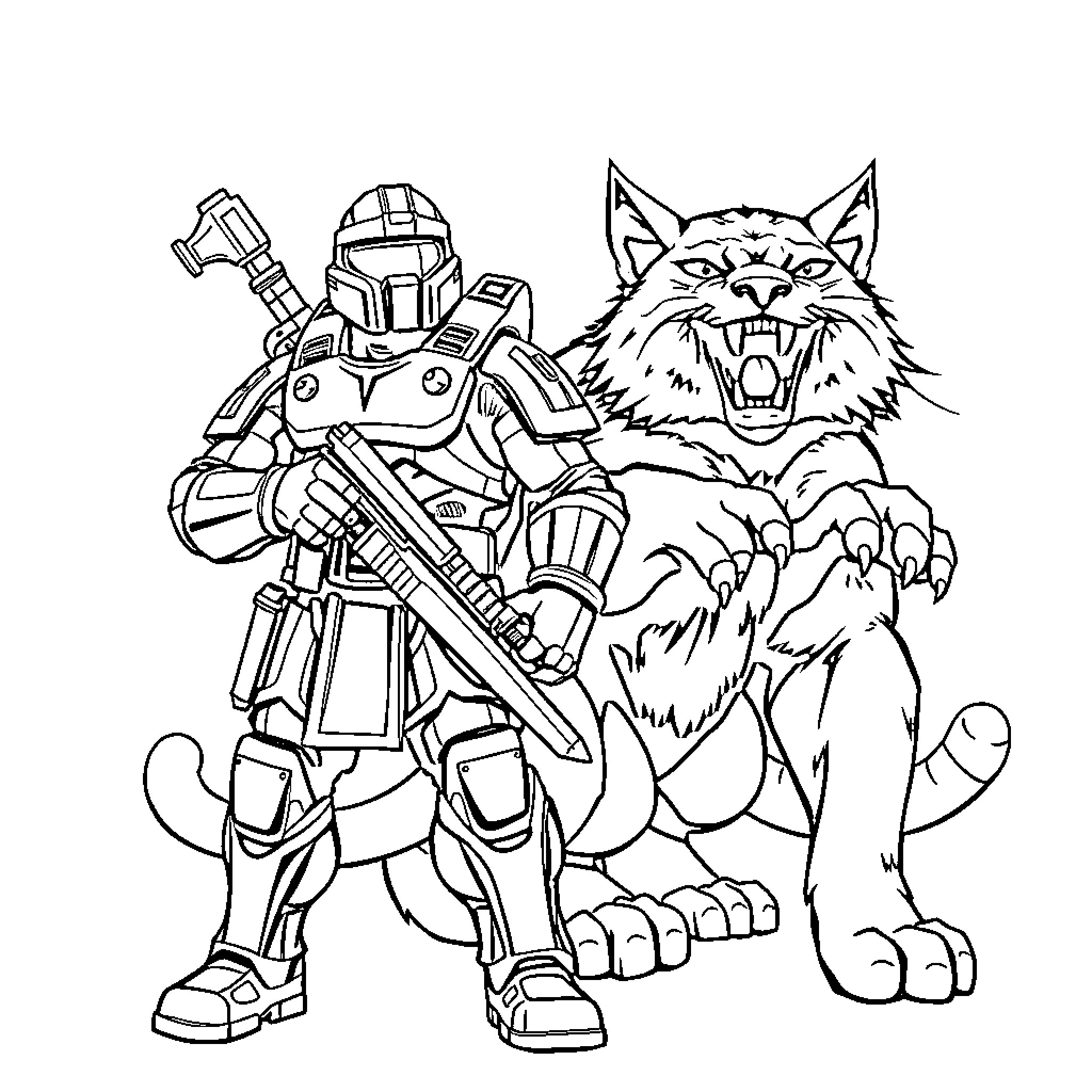 Master Chief battling a fierce feline companion Coloring Page (free black-and-white line drawing printable PDF for all, from beginners to advanced learners, including children, teens, adults, and seniors)