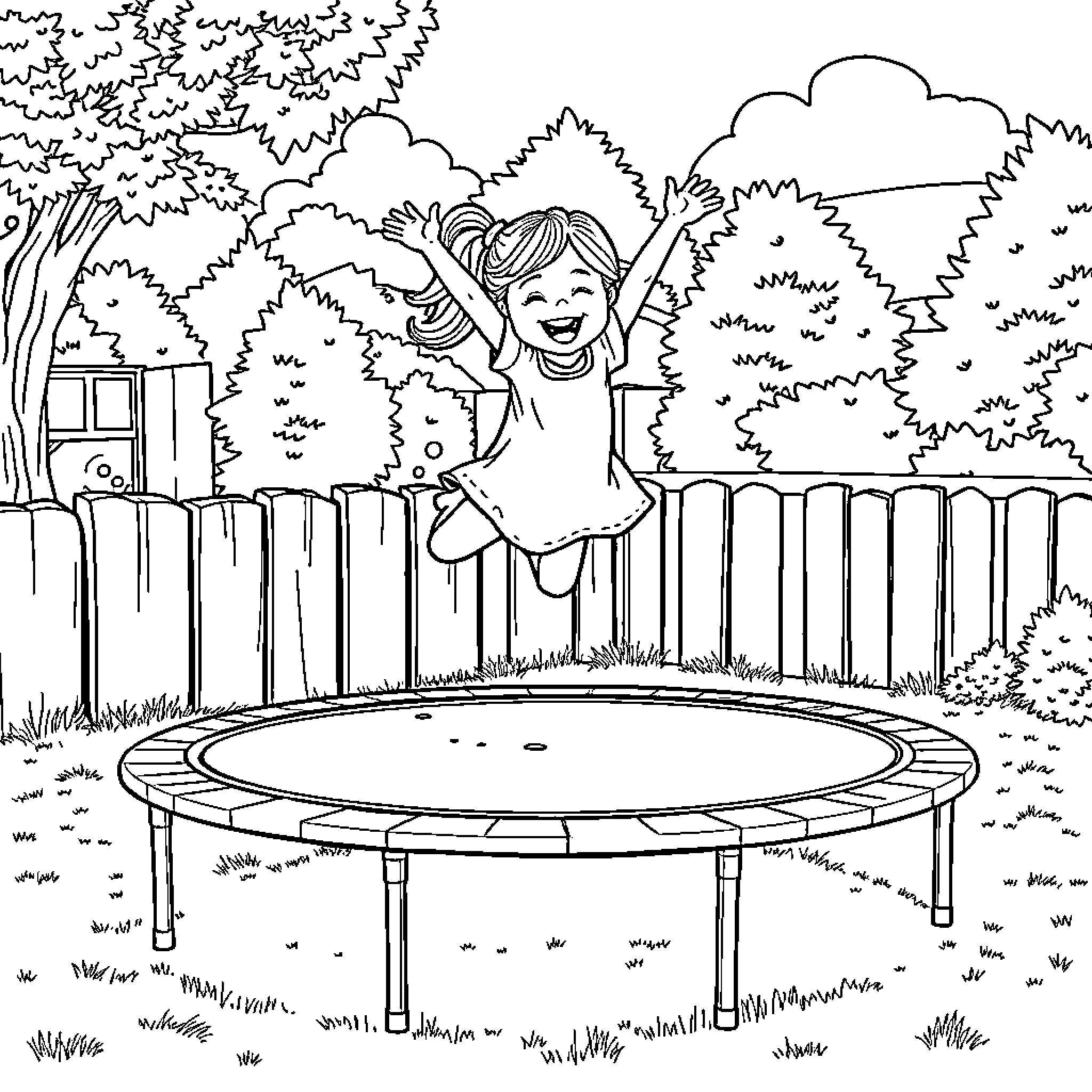 Girl joyfully jumping on trampoline in backyard Coloring Page (free black-and-white line drawing printable PDF for all, from beginners to advanced learners, including children, teens, adults, and seniors)