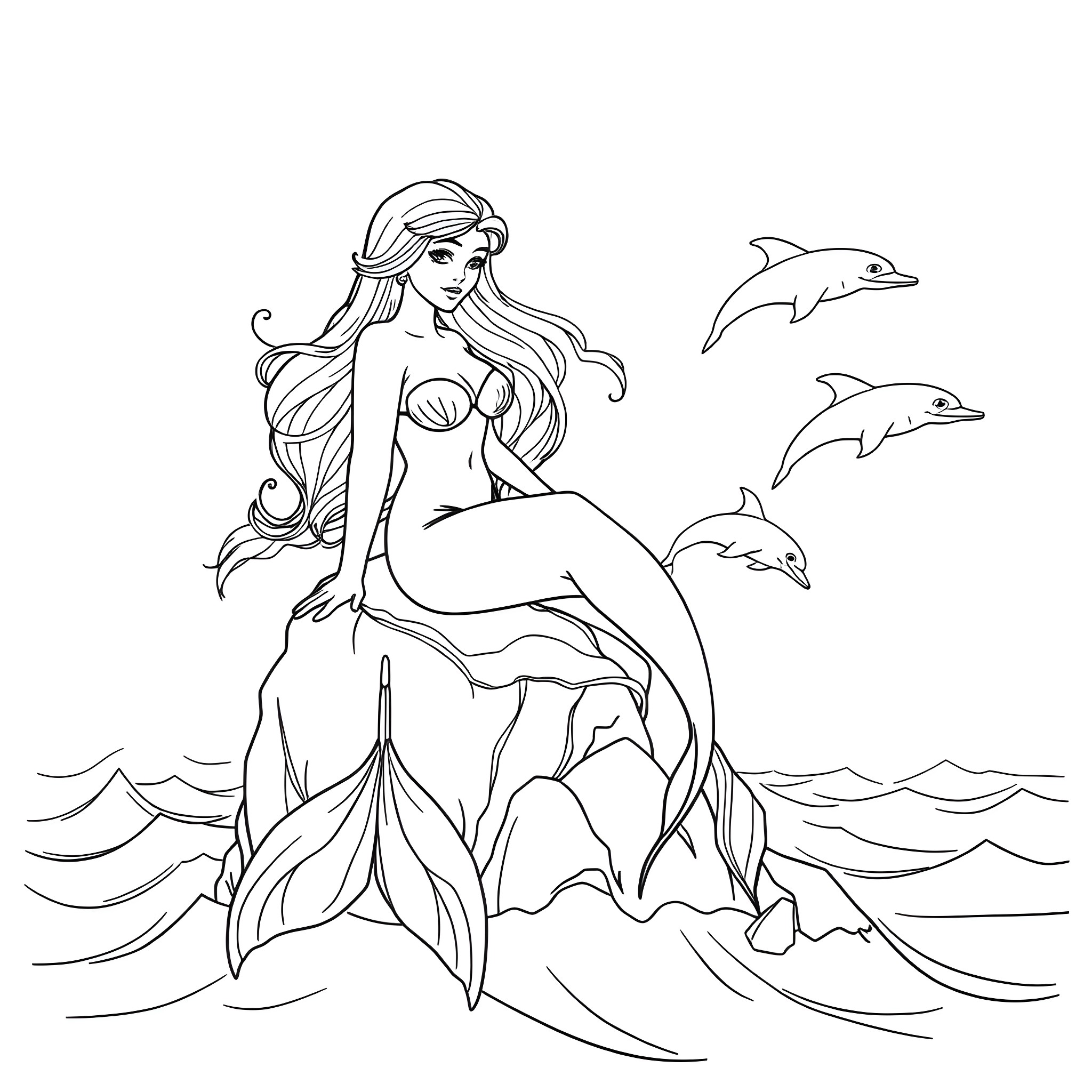 Mermaid gracefully surrounded by dolphins in the ocean Coloring Page (free black-and-white line drawing printable PDF for all, from beginners to advanced learners, including children, teens, adults, and seniors)