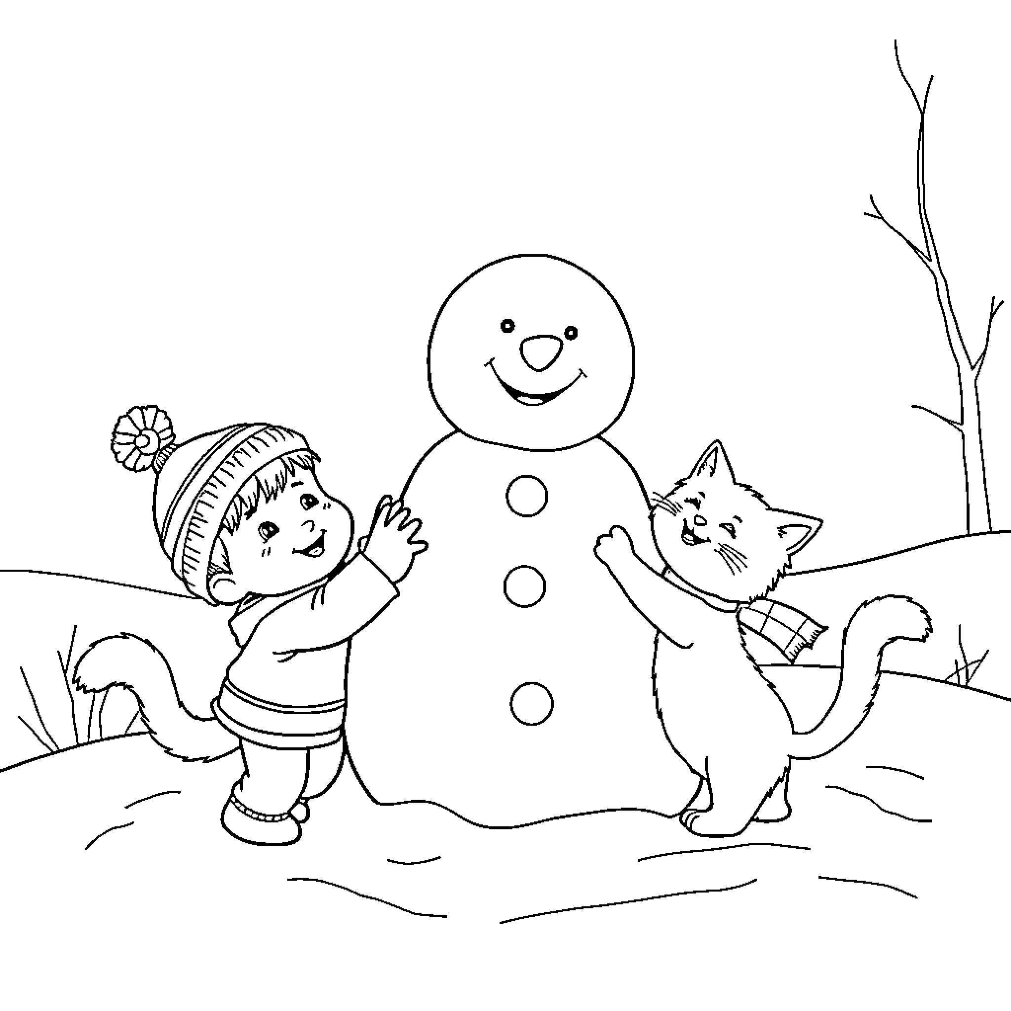 Cat and child building a snowman Coloring Page (free black-and-white line drawing printable PDF for all, from beginners to advanced learners, including children, teens, adults, and seniors)