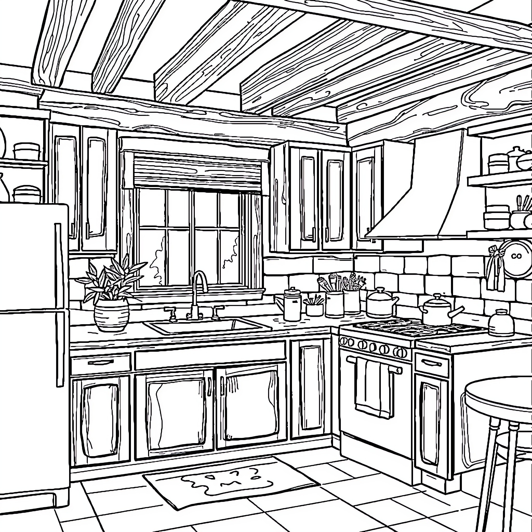 Kitchen with rustic furniture and decor Coloring Page (free black-and-white line drawing printable PDF for all, from beginners to advanced learners, including children, teens, adults, and seniors)