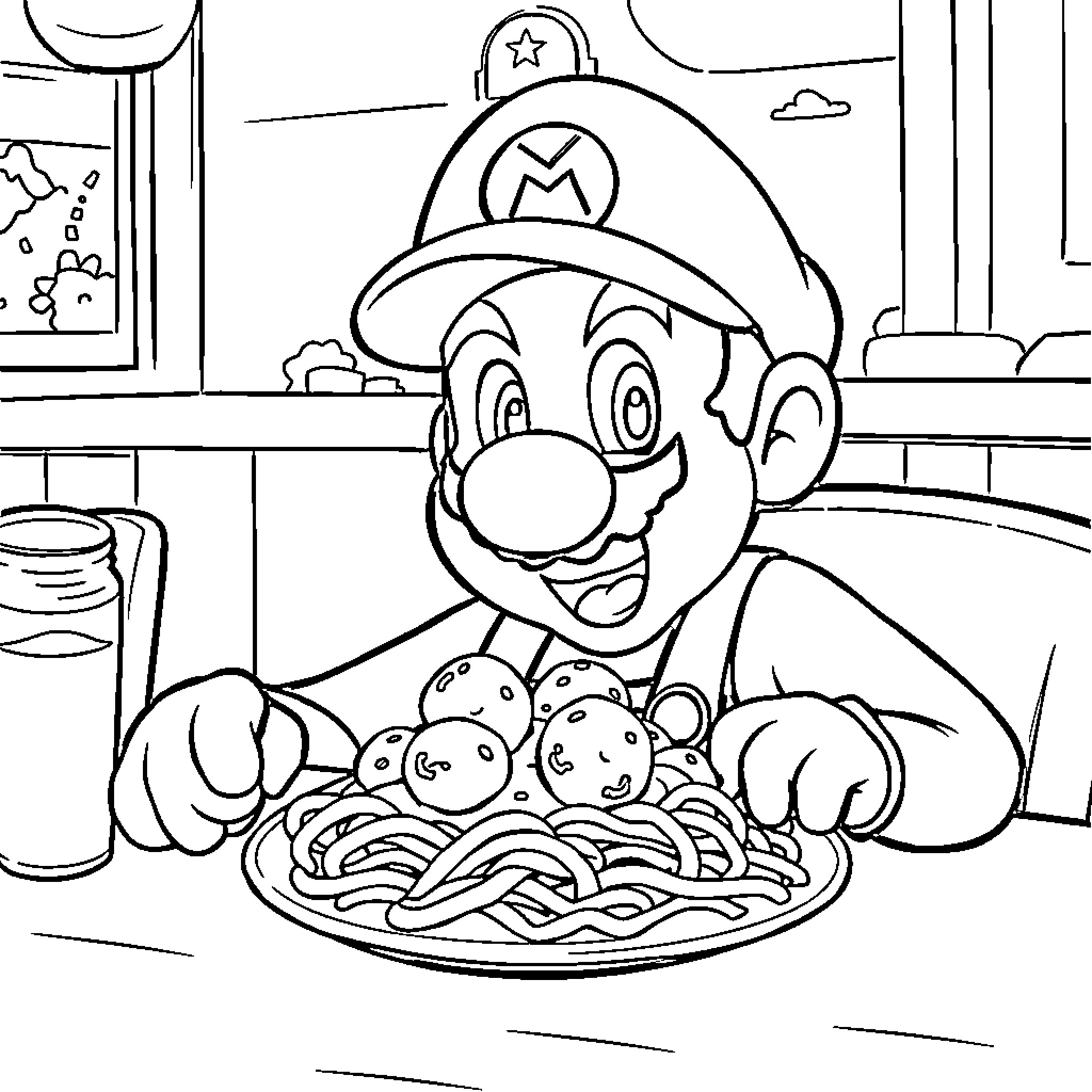Mario Enjoys a Tasty Spaghetti Dinner Coloring Page (free black-and-white line drawing printable PDF for all, from beginners to advanced learners, including children, teens, adults, and seniors)
